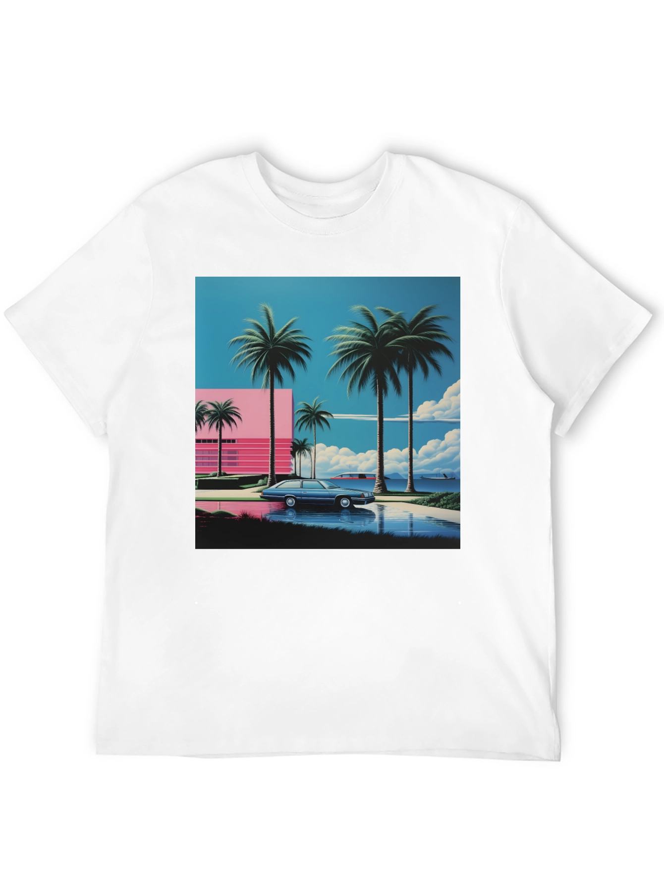 Black Miami Vice Style T-Shirt, Retro Car & Palms view 12