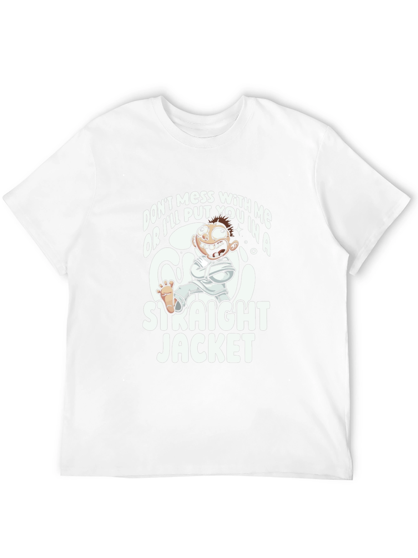 Black Funny Straight Jacket Cartoon Graphic T-Shirt view 12