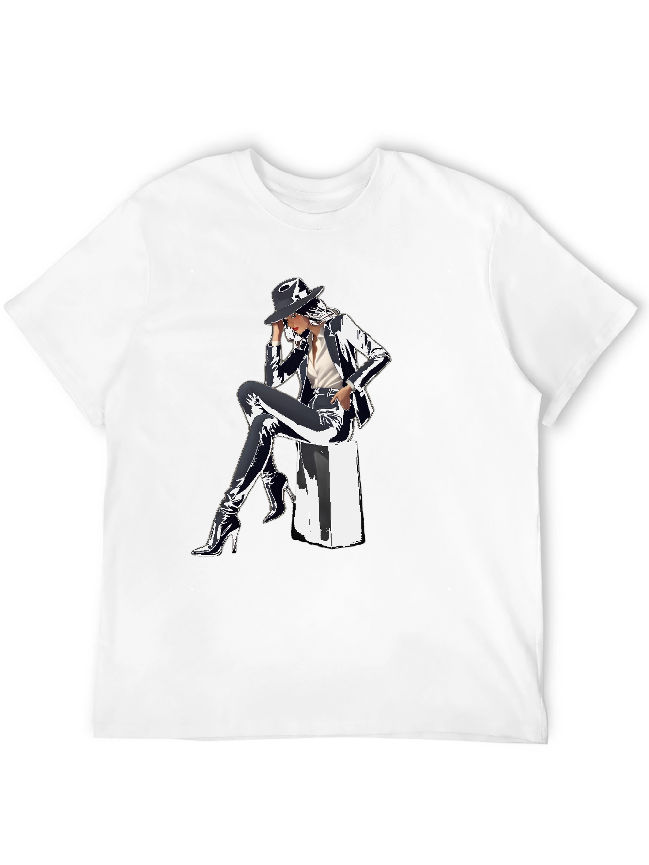 Black Sleek Graphic Tee - Woman in Shiny Suit view 12