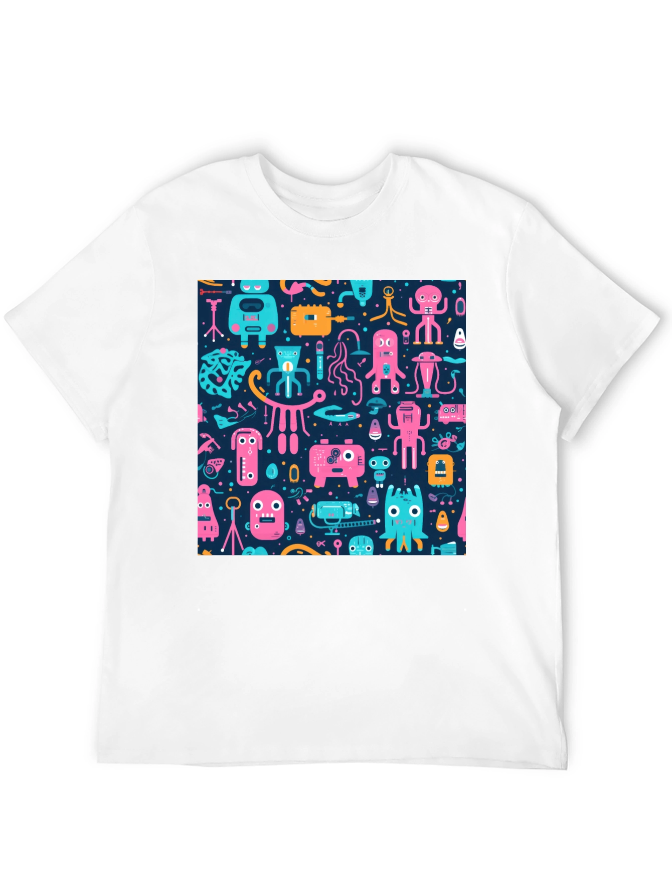 Black Funky Retro Robot Pattern T-Shirt view 12