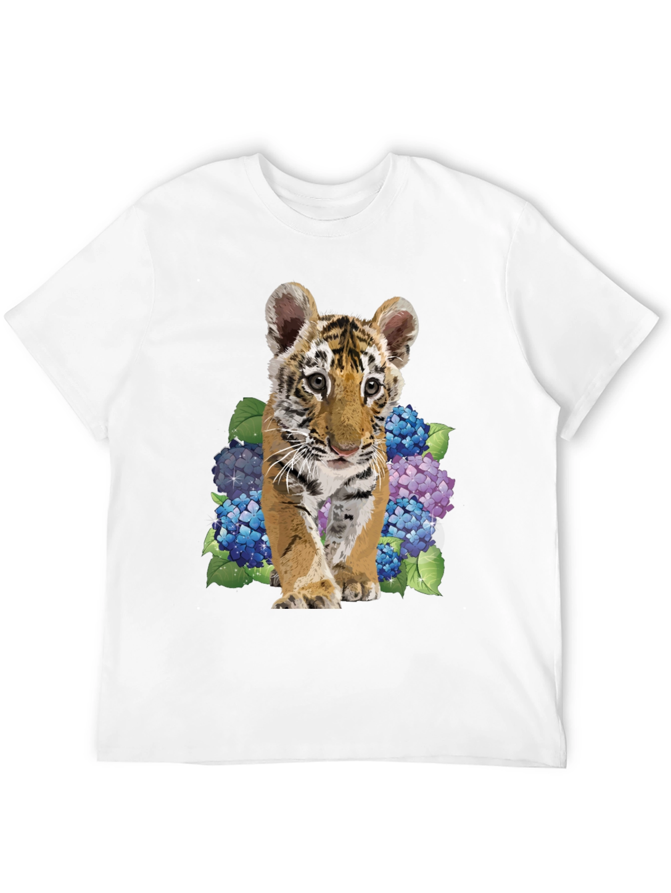 Black Tiger Cub & Hydrangea Graphic Tee - Soft Black Cotton Blend view 12