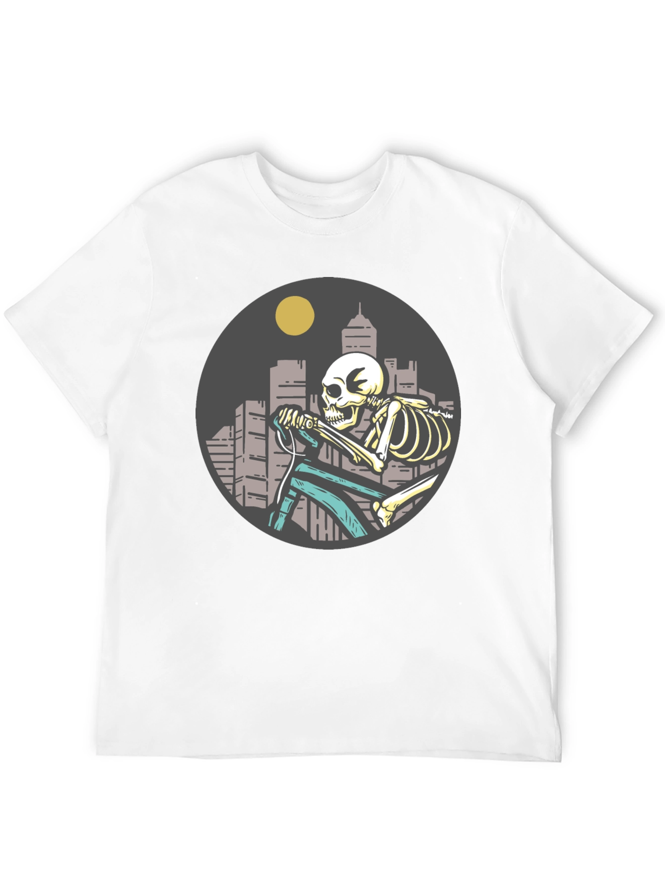 Black Skeleton Riding Bike T-Shirt - Cityscape Design view 12
