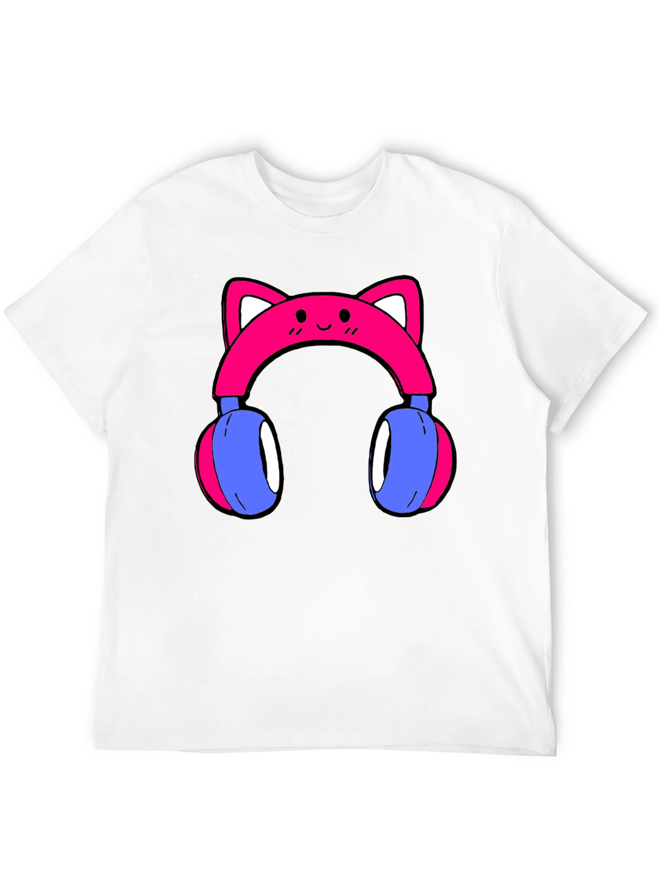 Black Cute Cat Ear Headphones Graphic Tee - Black view 12