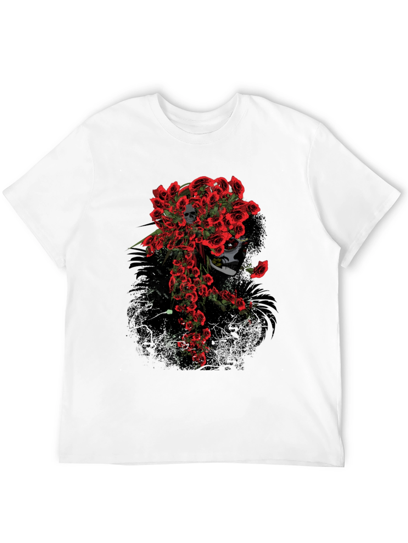 Black Skull and Roses Graphic Tee - Black Cotton T-Shirt view 12