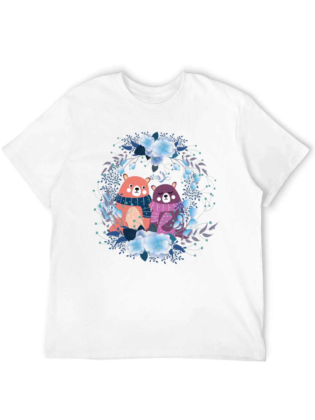 Black Cute Bears Floral Wreath Black T-Shirt view 12