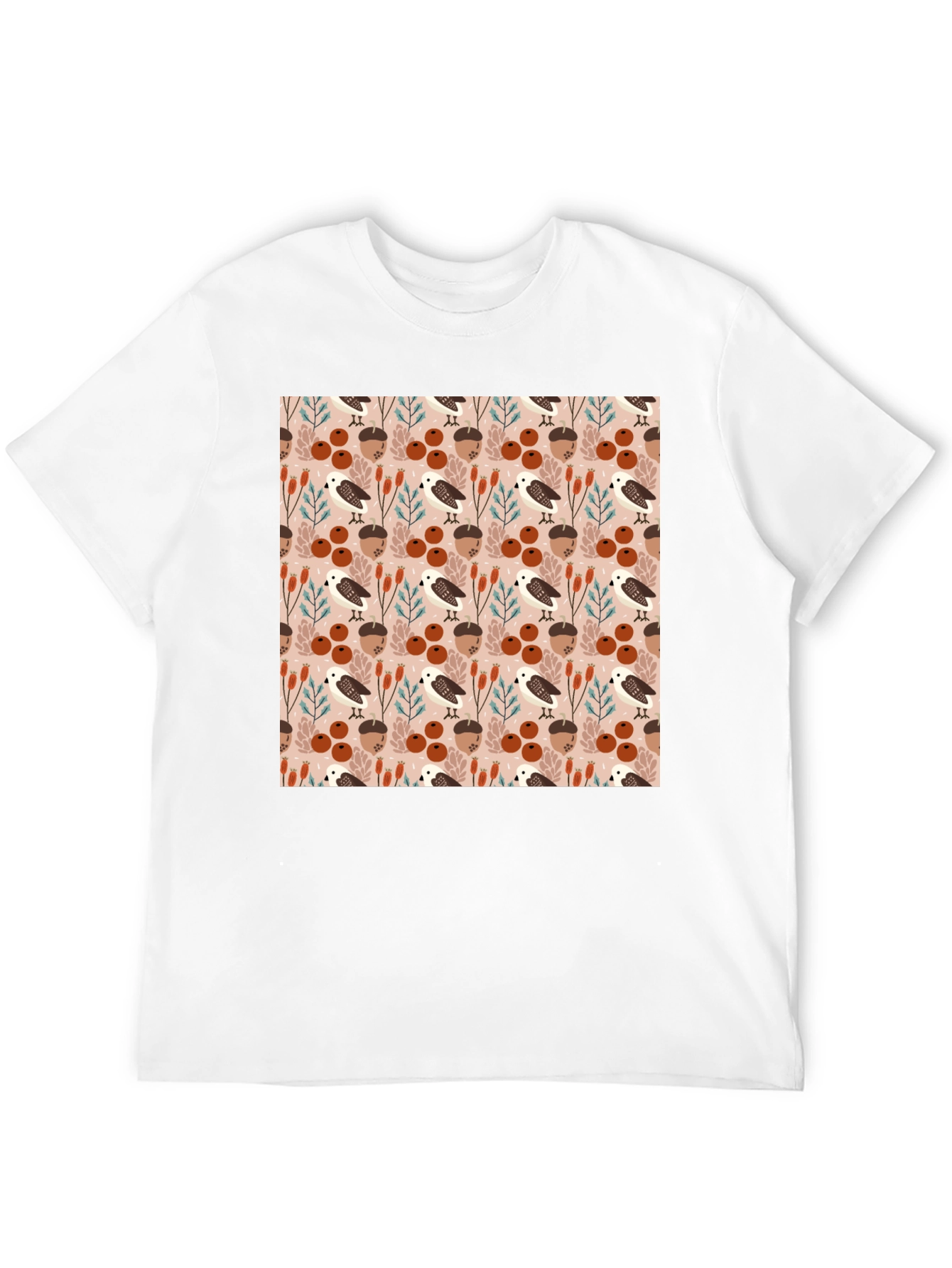 Black Autumnal Bird and Acorn Pattern T-Shirt view 12