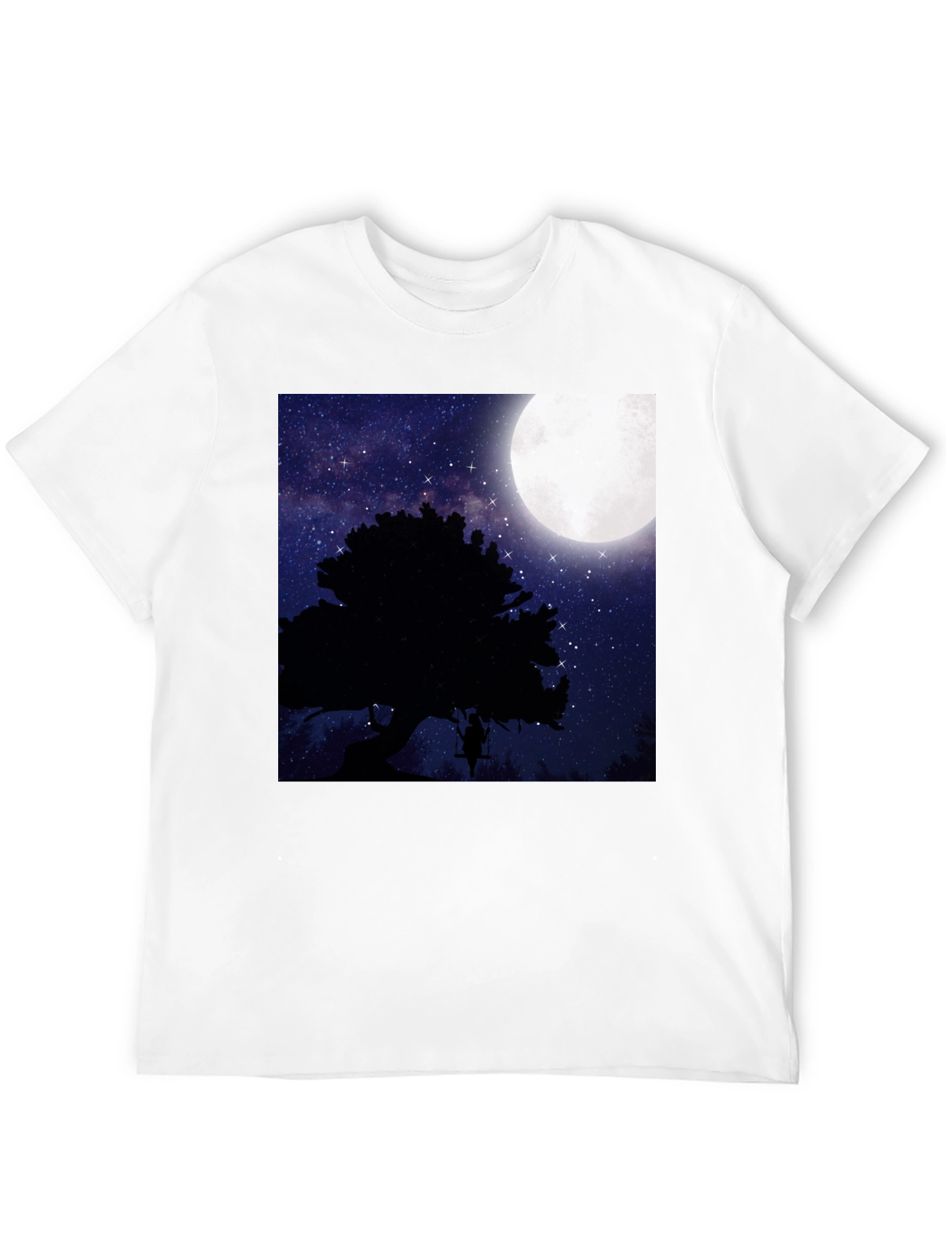 Black Moonlit Swing T-Shirt - Night Sky Tree Silhouette view 12