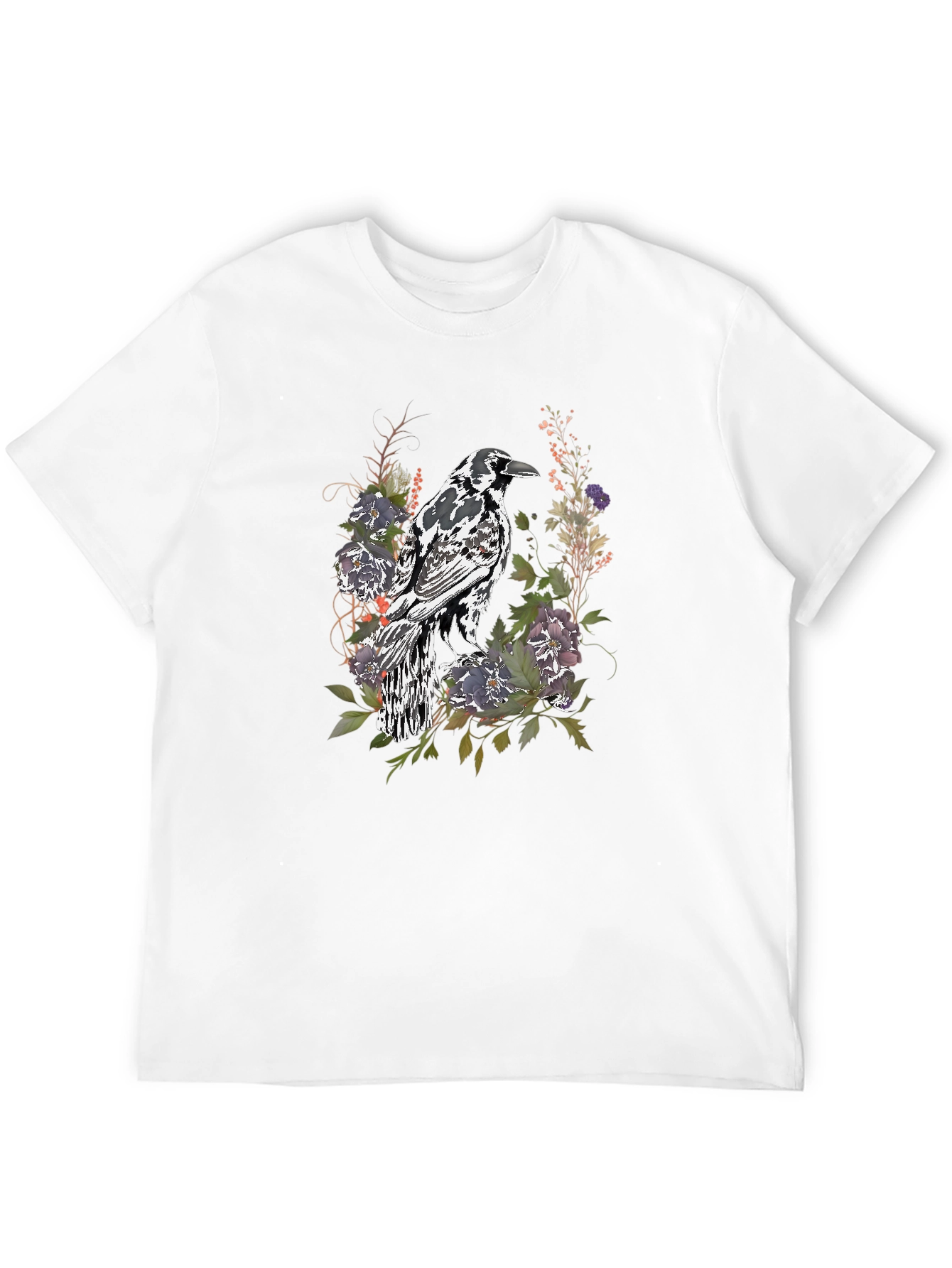 Black Raven & Floral Graphic Tee - Stylish Men's Black T-Shirt view 12