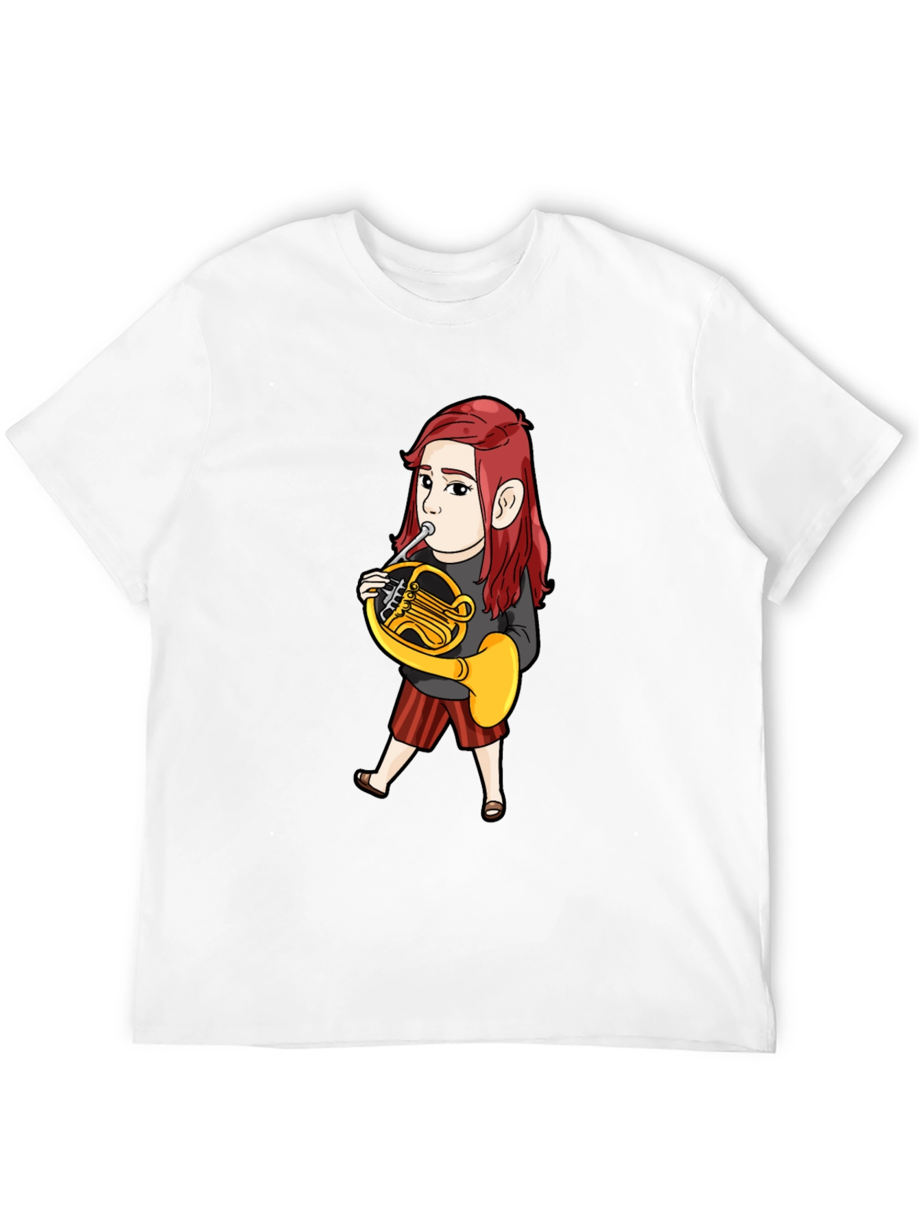 Black French Horn Player Cartoon T-Shirt view 12