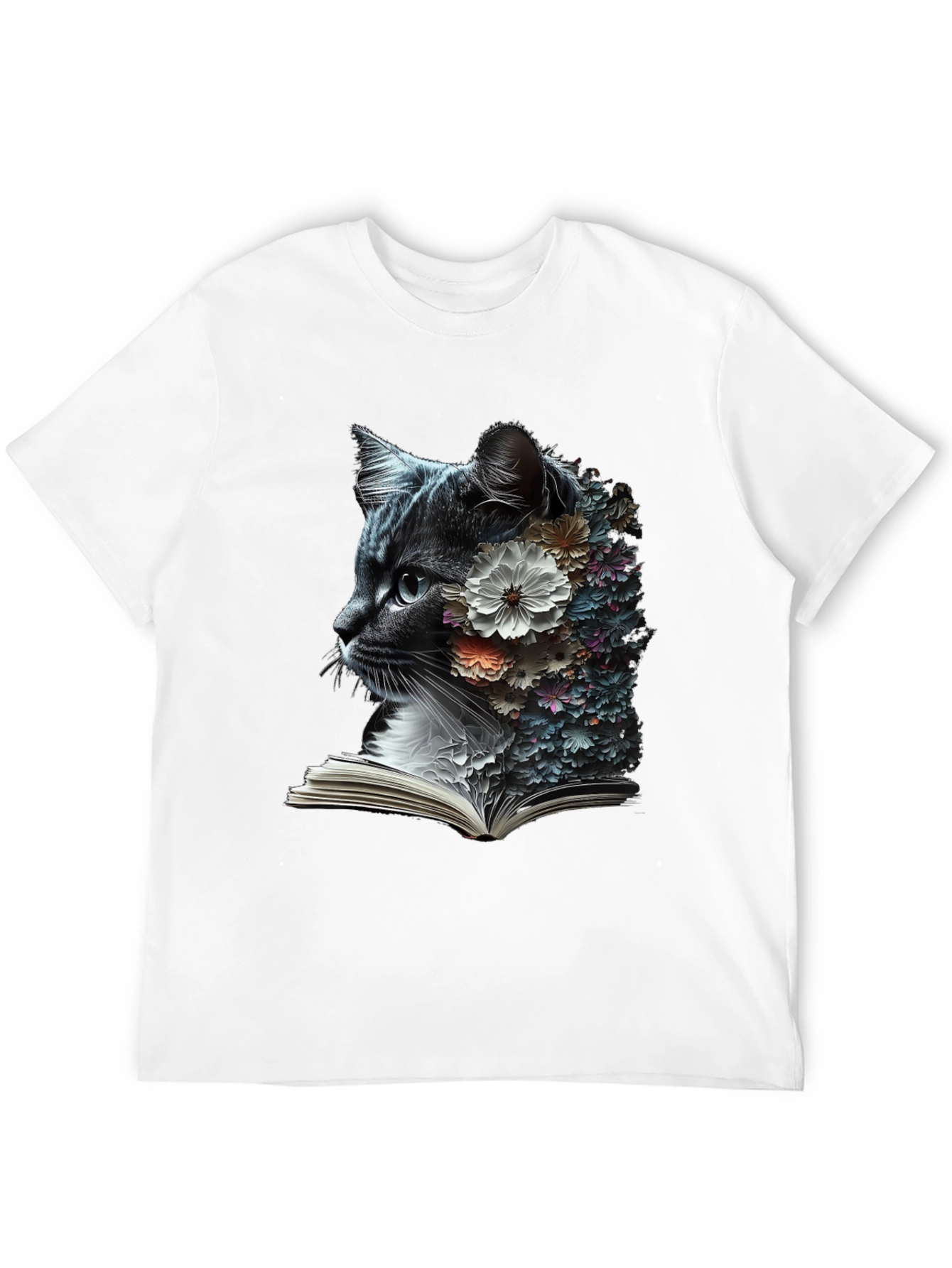Black Floral Cat Reader Graphic T-Shirt view 12