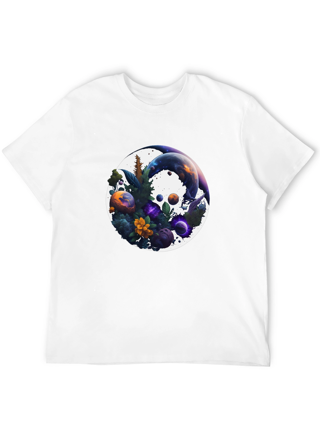 Black Cosmic Garden T-Shirt - Nature & Space Fusion view 12