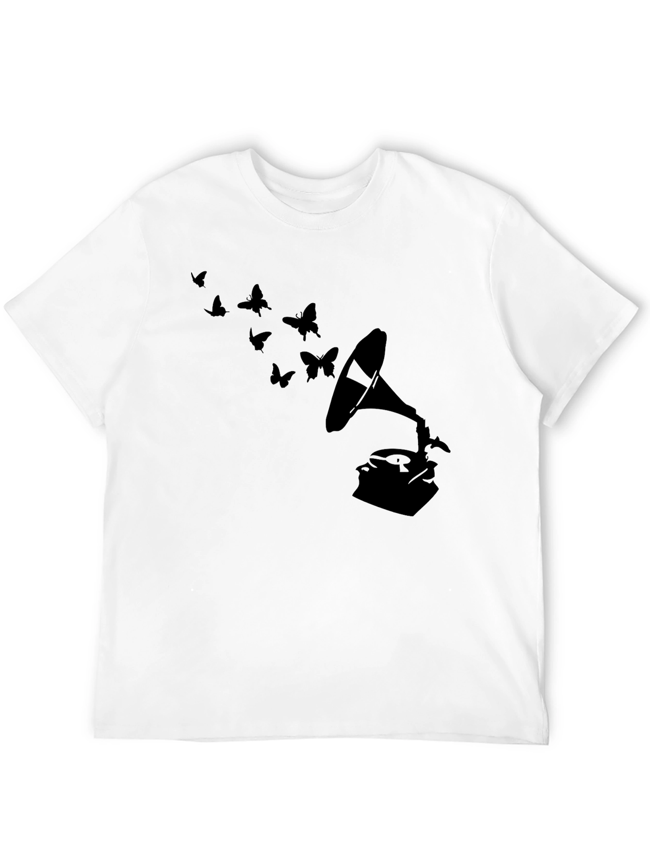 Black Vintage Gramophone & Butterfly T-Shirt - Stylish Retro Tee view 12