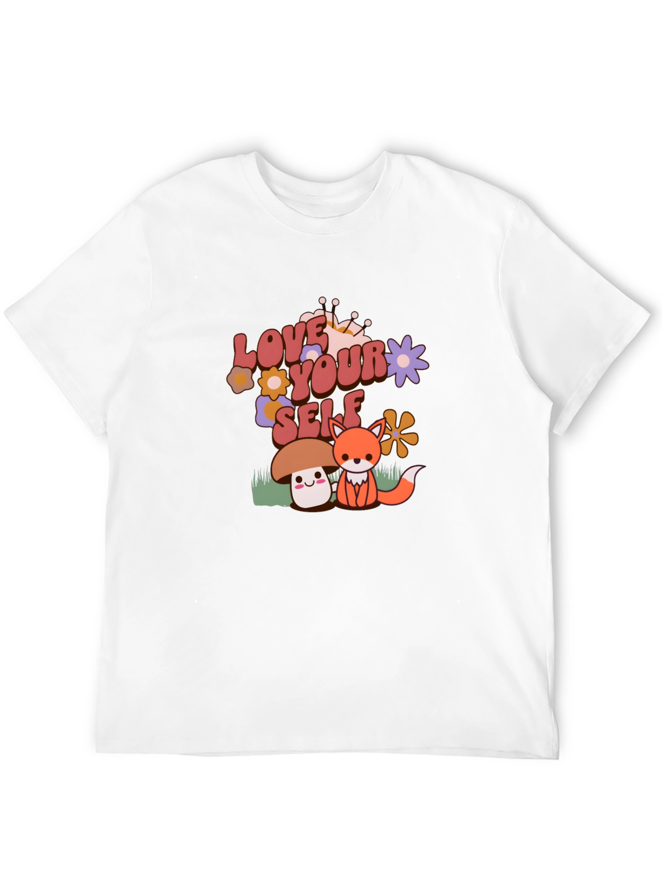 Black Love Yourself T-Shirt with Cute Mushroom and Fox Design view 12