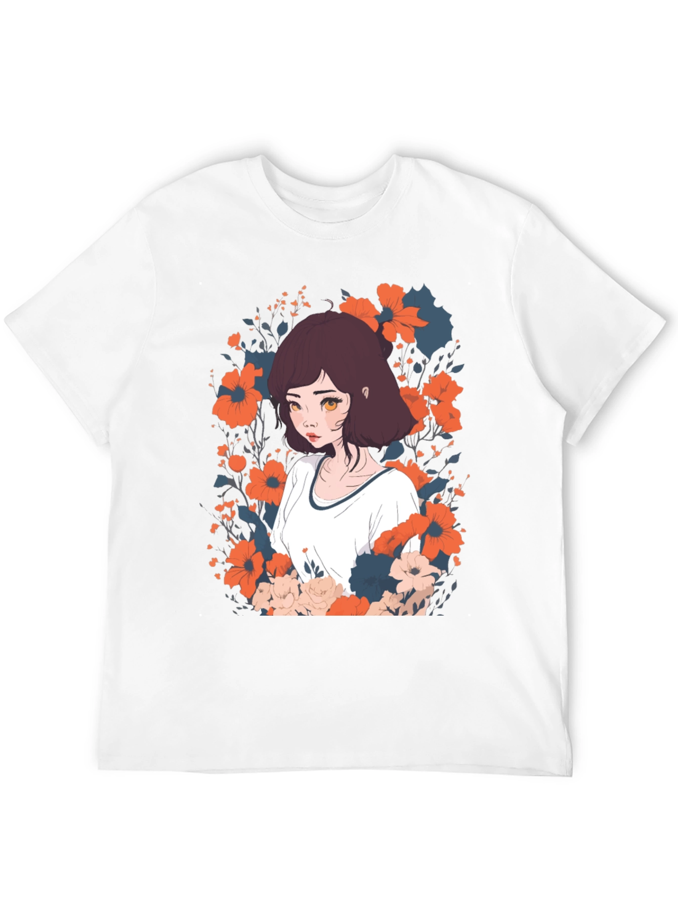 Black Floral Anime Girl Graphic Tee - Unisex Black T-Shirt view 12