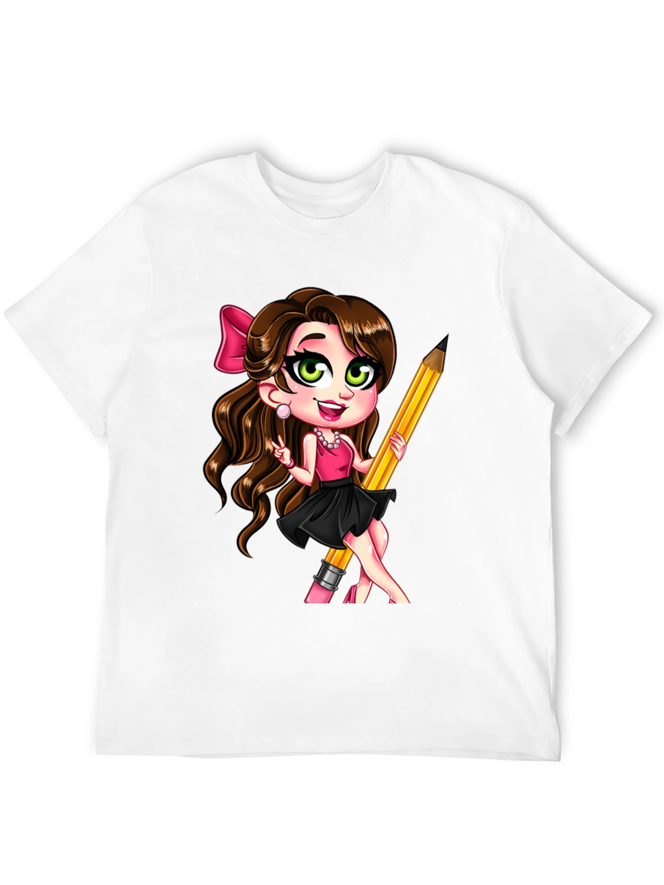 Black Fun Cartoon Girl with Pencil Black T-Shirt view 12