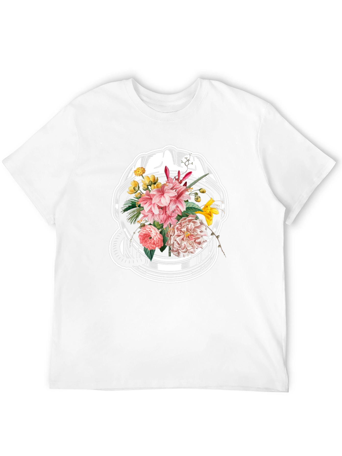 Black Floral Astronaut Helmet Graphic Tee - Unique Design view 12