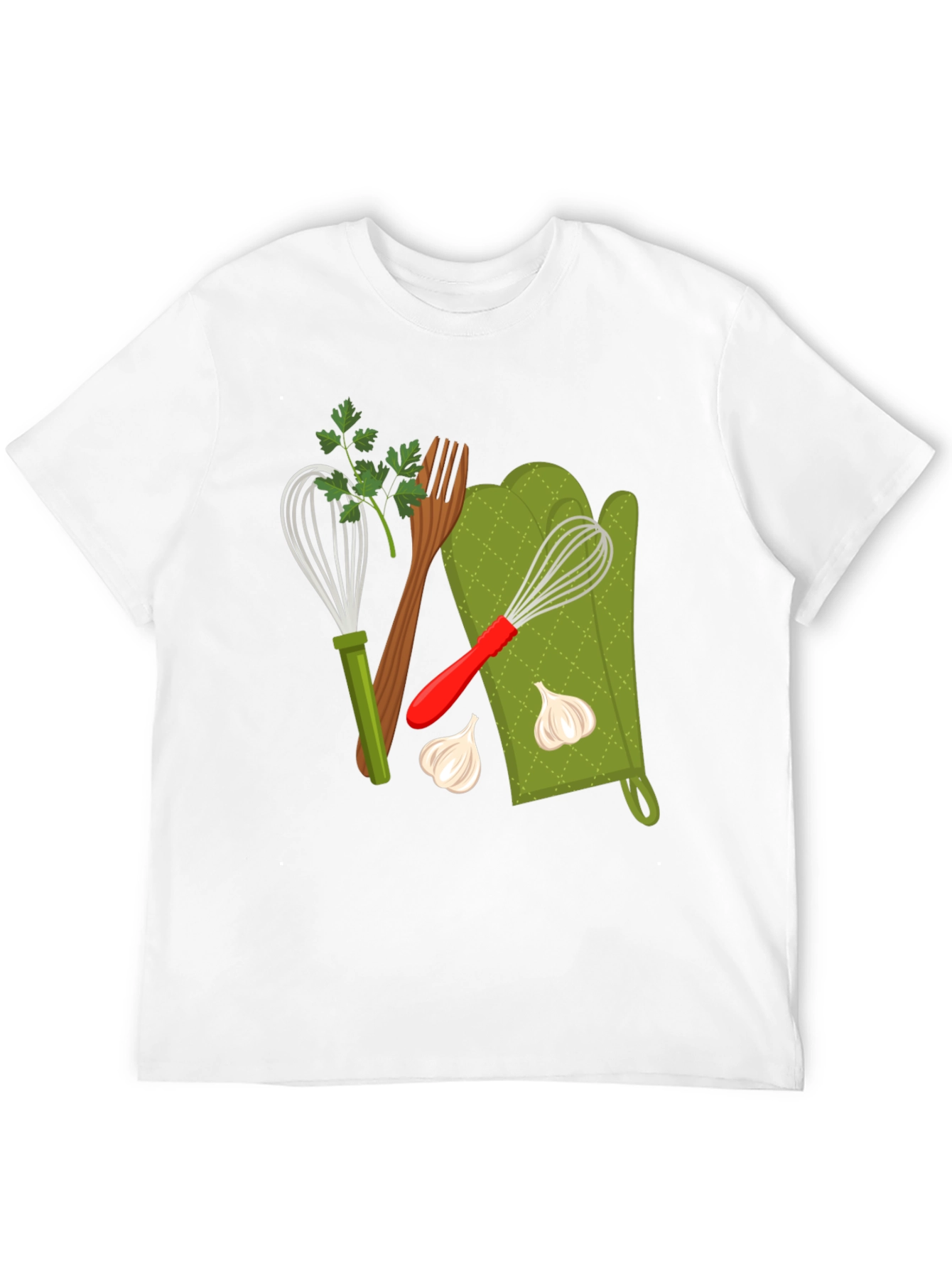 Black Cooking Lover Graphic T-Shirt: Whisk, Fork, and Garlic Design view 12
