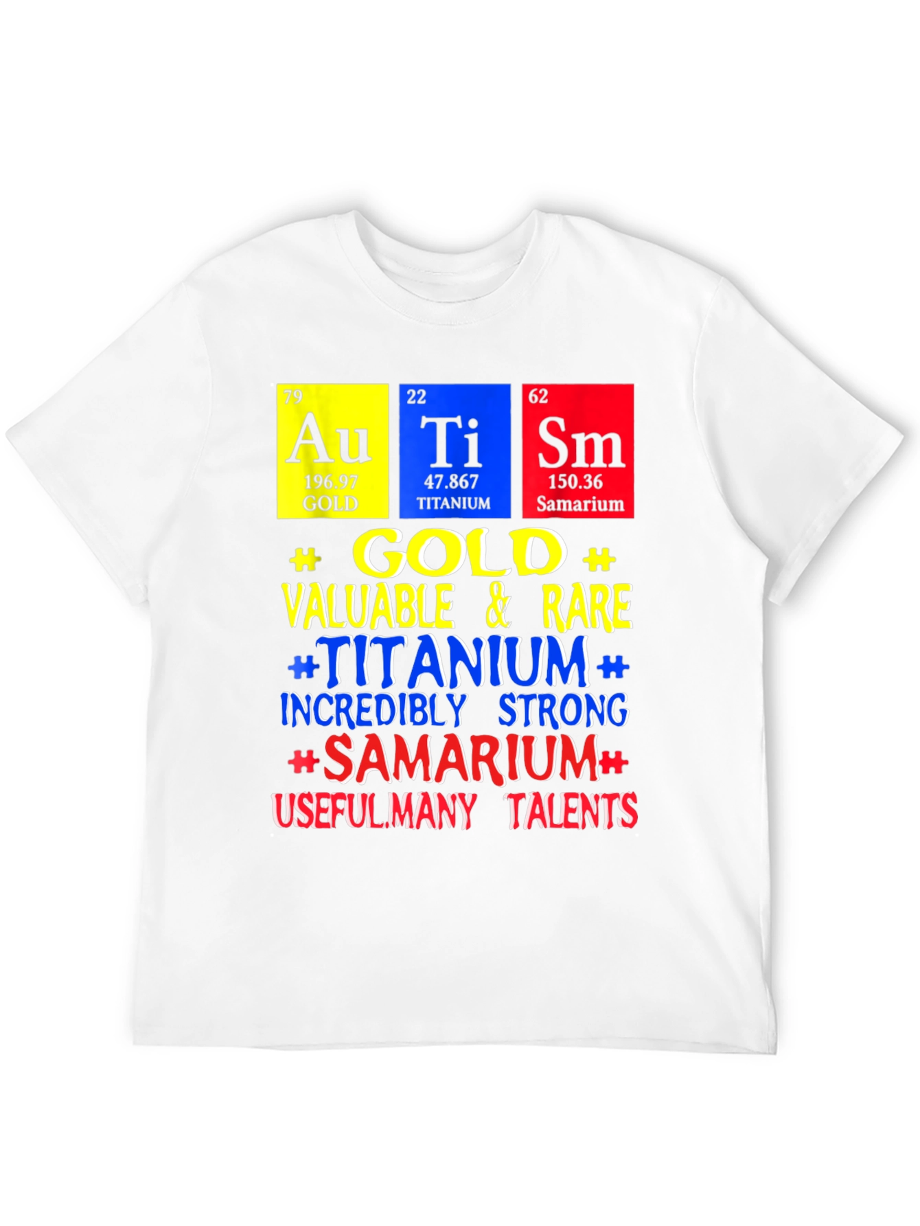 Periodic Table Elements T-Shirt: Gold, Titanium, Samarium - 12