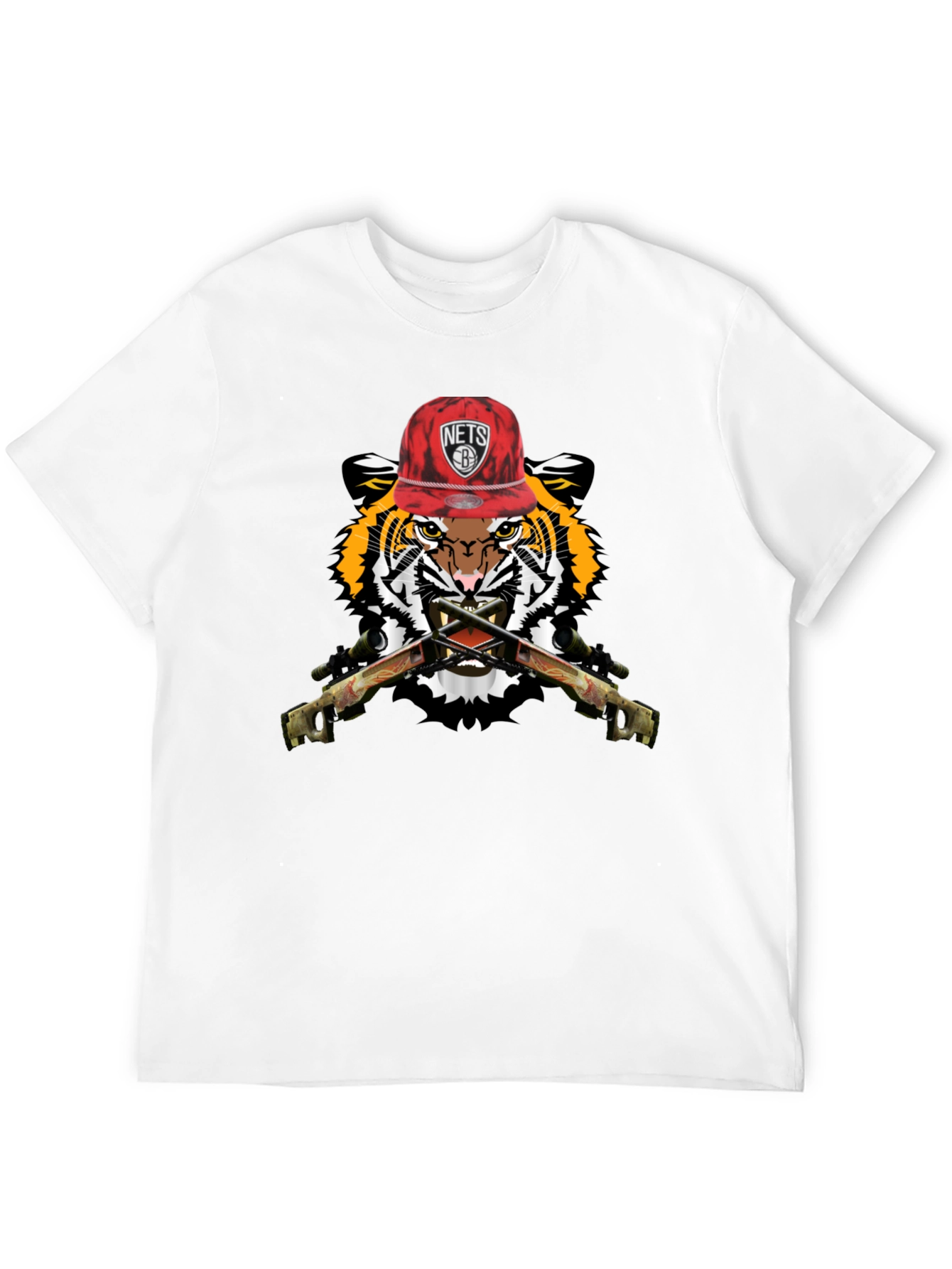 Black Tiger with Nets Hat Graphic Print T-Shirt view 12