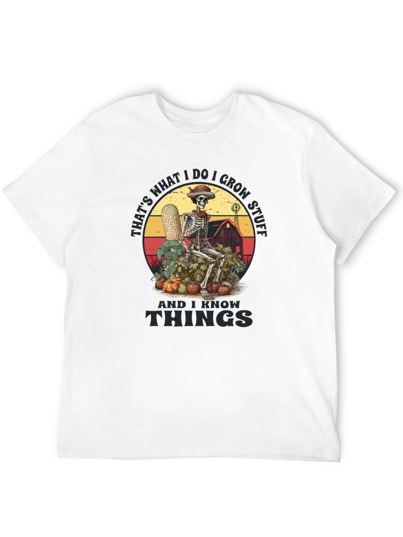 Black Funny Farmer Skeleton T-Shirt - I Grow Stuff & I Know Things Tee view 12