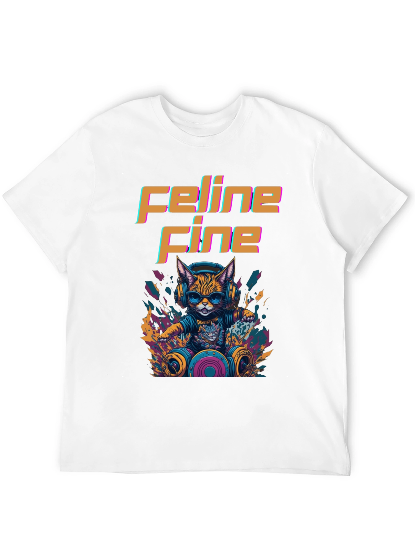 Black Feline Fine Graphic Tee - DJ Cat T-Shirt view 12