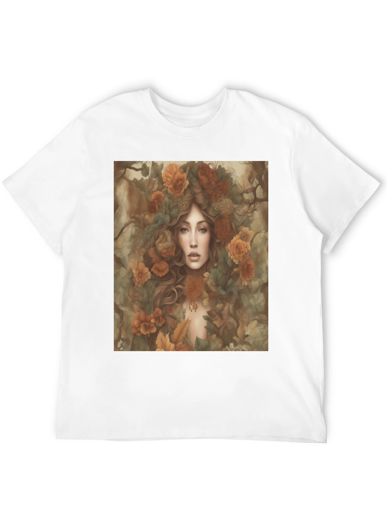 Black Floral Fantasy T-Shirt: Woman with Autumn Flowers view 12
