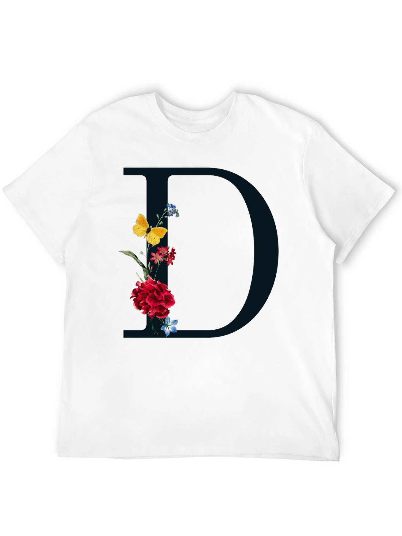Black Floral Initial 'D' Graphic Tee - Elegant Design view 12