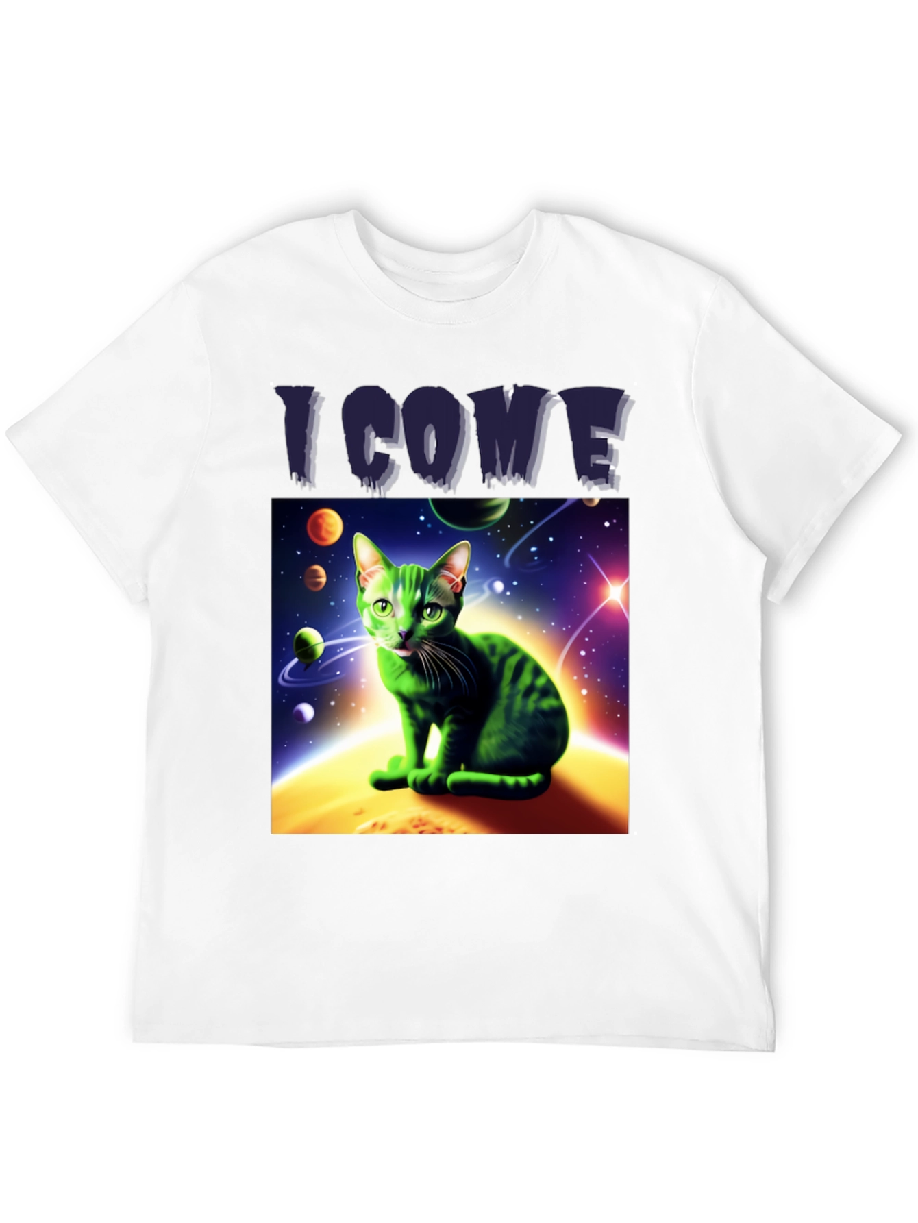 Black I Come In Peace Cat T-Shirt - Space Alien Green Kitty Tee view 12