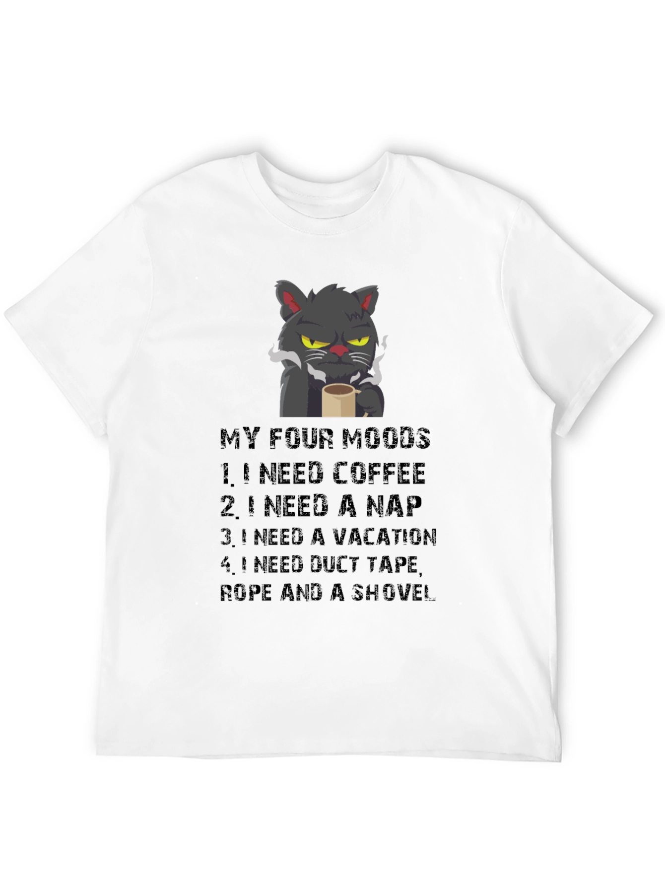 Black Funny Cat Moods T-Shirt - Coffee, Naps, Vacation, Duct Tape view 12