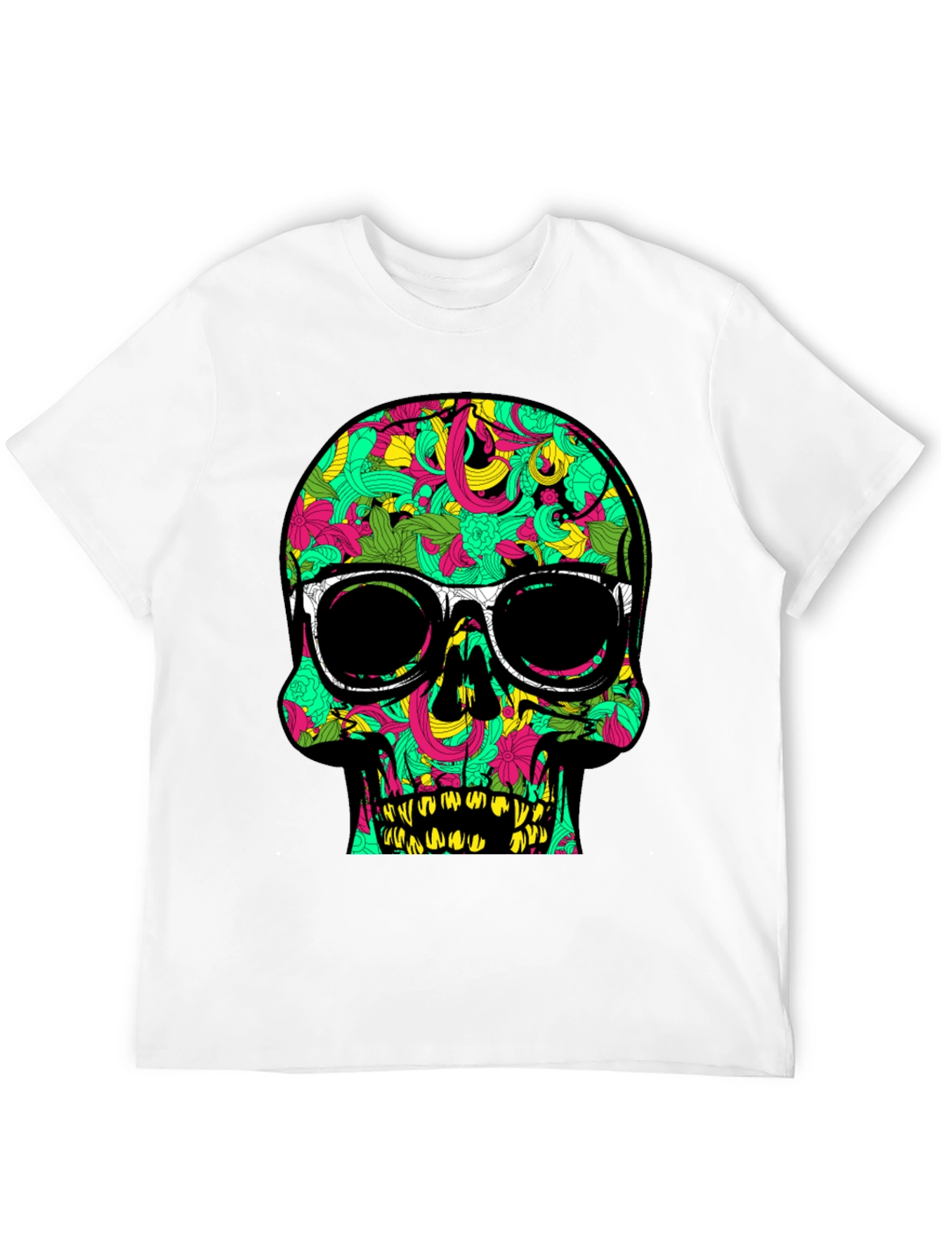 Black Cool Skull T-Shirt with Floral Pattern and Sunglasses view 12