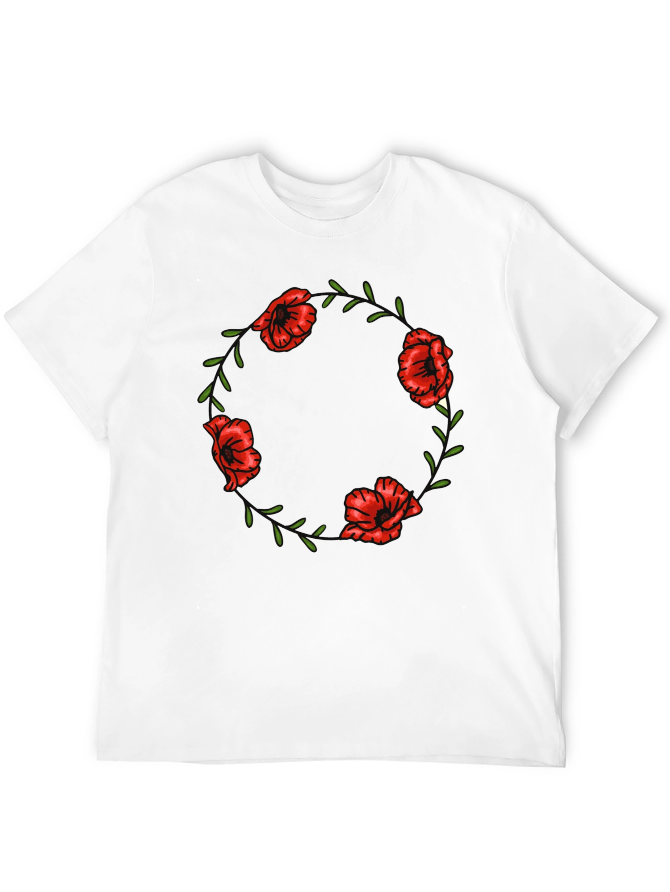 Black Floral Poppy Wreath Graphic Tee - Black Cotton T-Shirt view 12