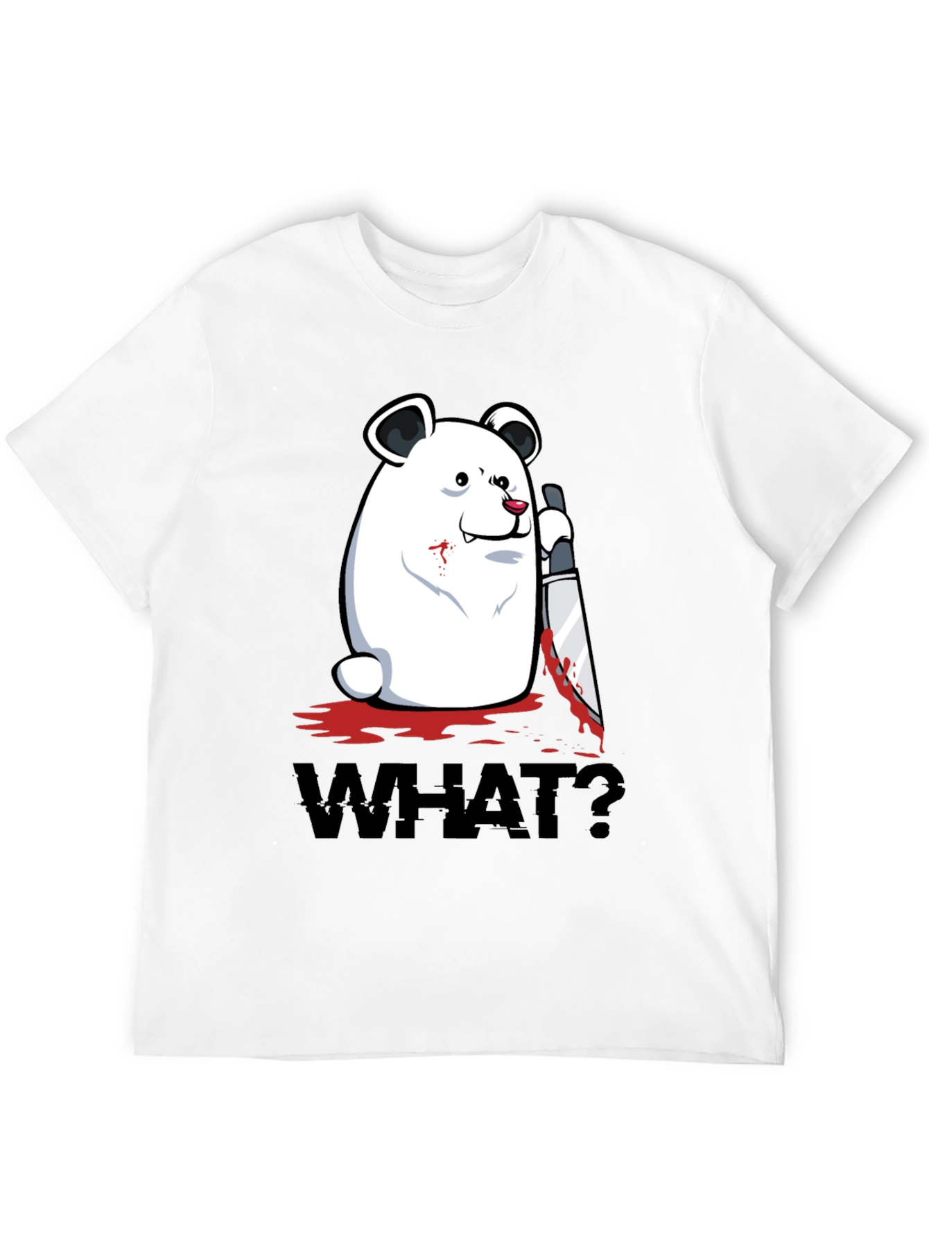 Black Creepy Polar Bear "WHAT?" Graphic T-Shirt view 12