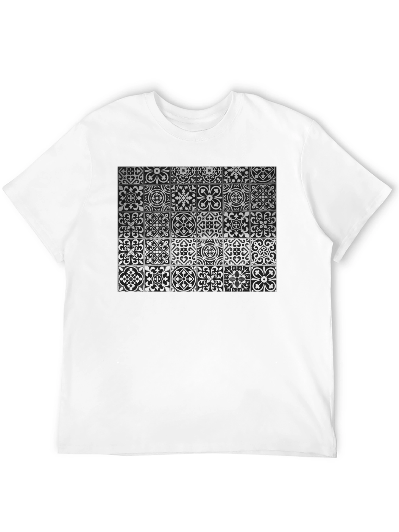 Black Patterned Tile Print Black T-Shirt view 12