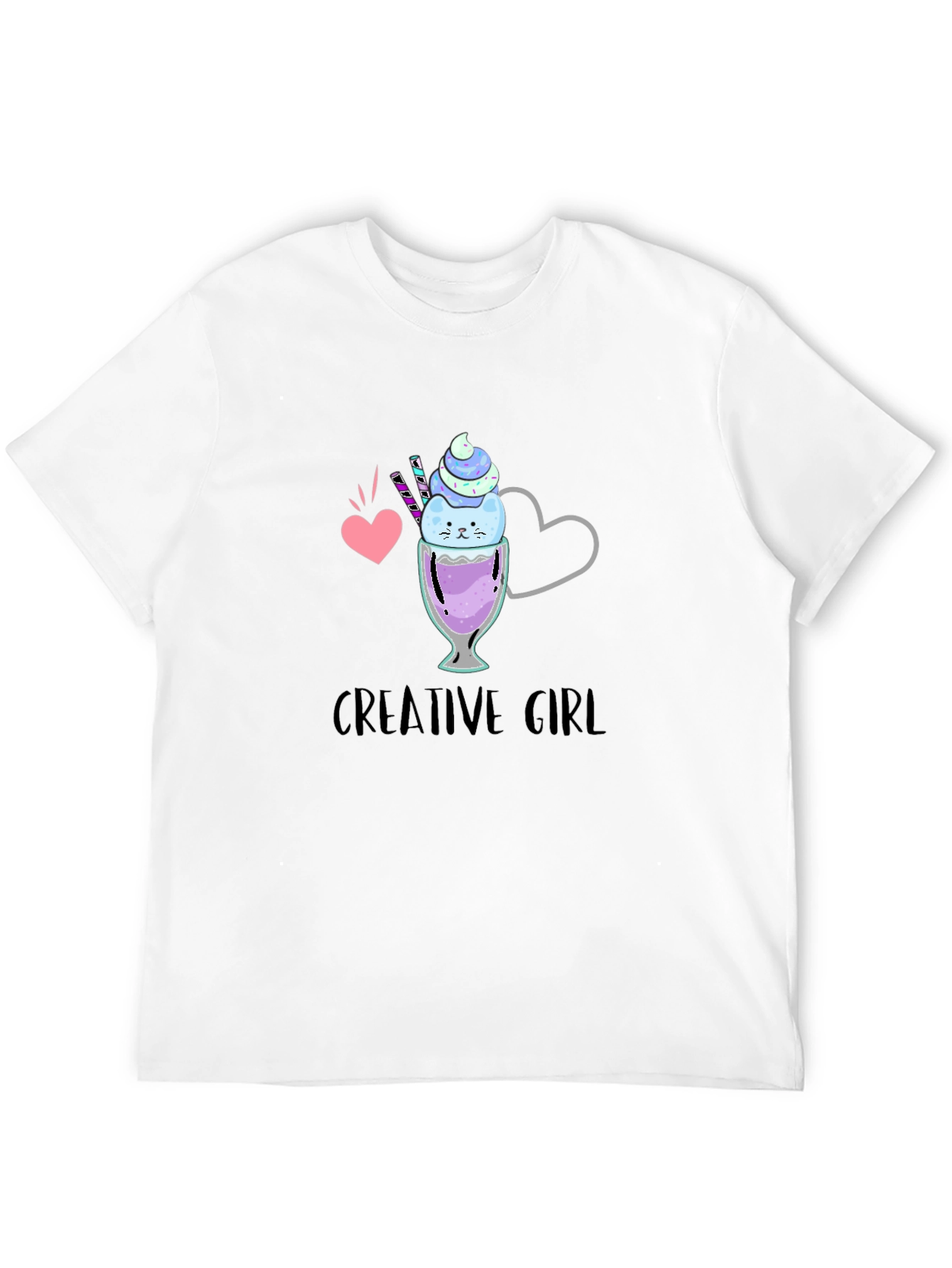 Black Creative Girl Ice Cream Cat Graphic Black T-Shirt view 12