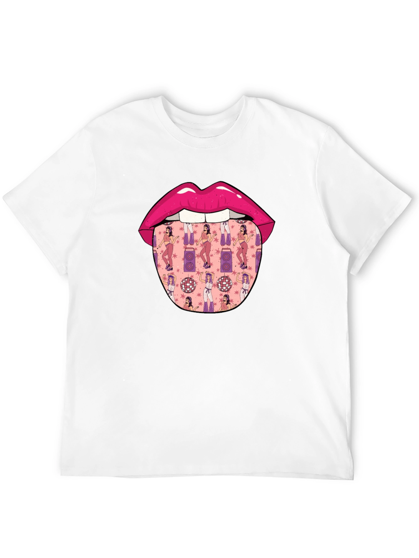 Black Novelty Lips Tongue Disco Pattern T-Shirt view 12