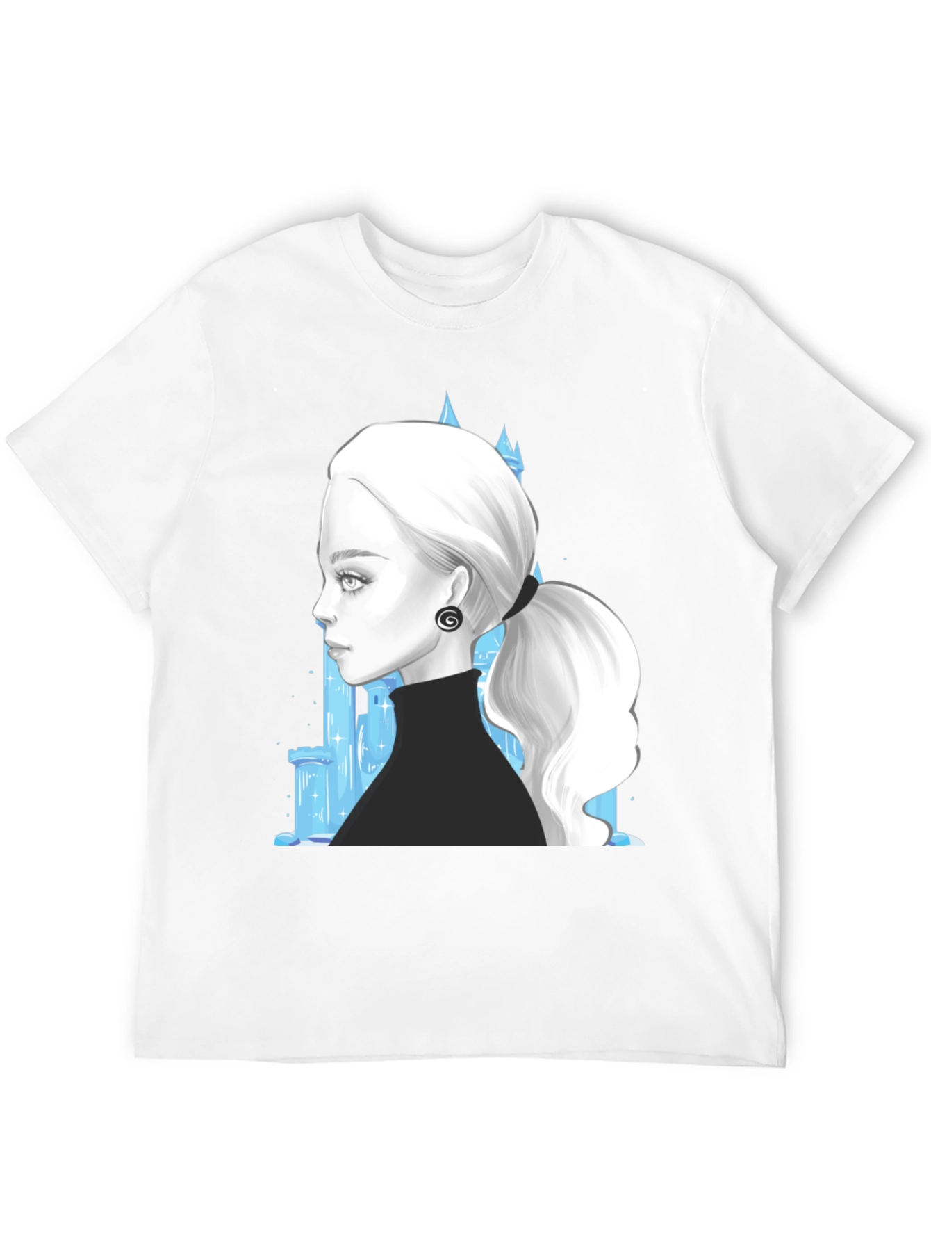 Black Elegant Woman & Ice Castle Graphic Black T-Shirt view 12
