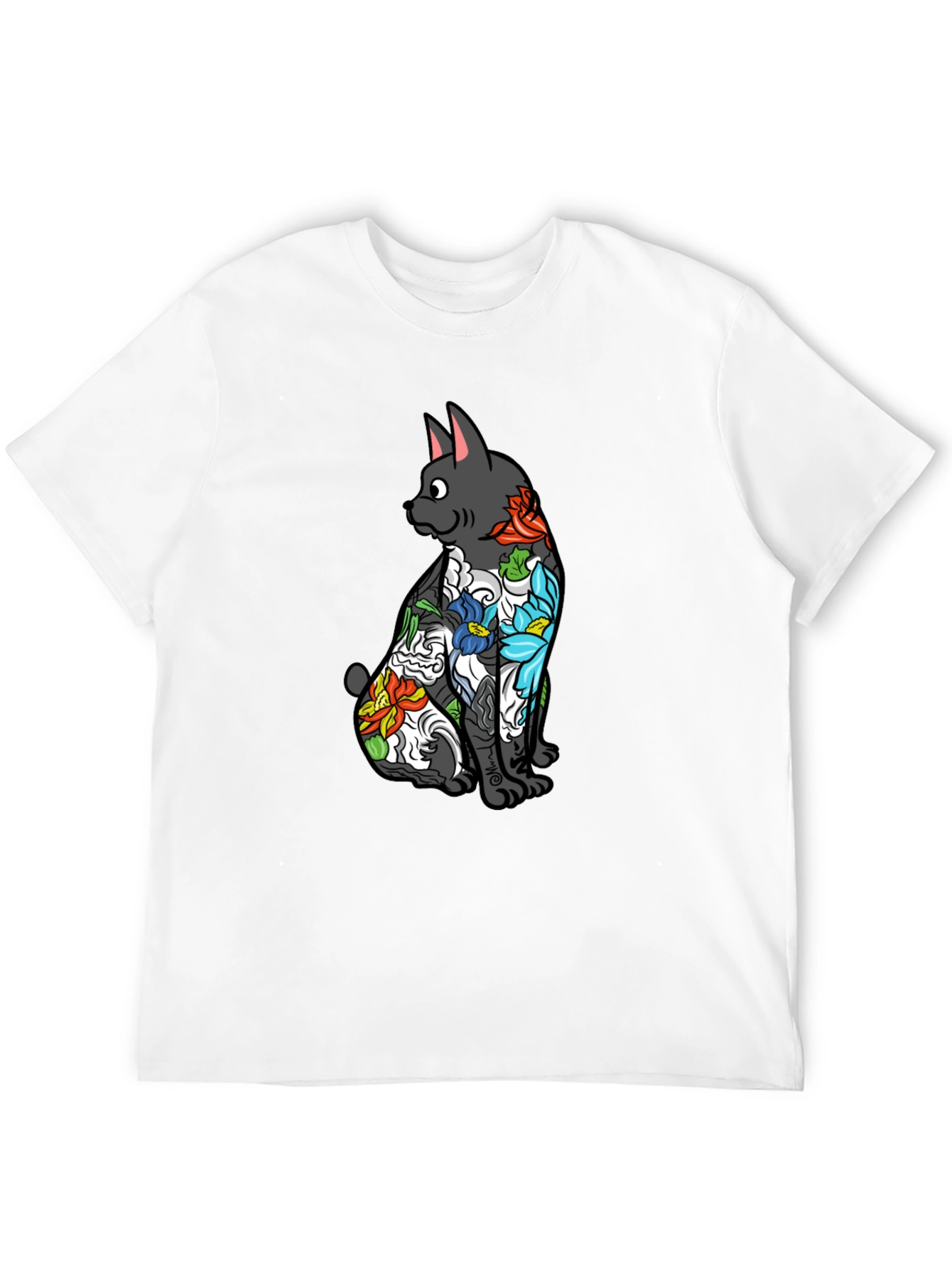 Black Floral Tattoo Cat Graphic Tee - Black Unisex Shirt view 12