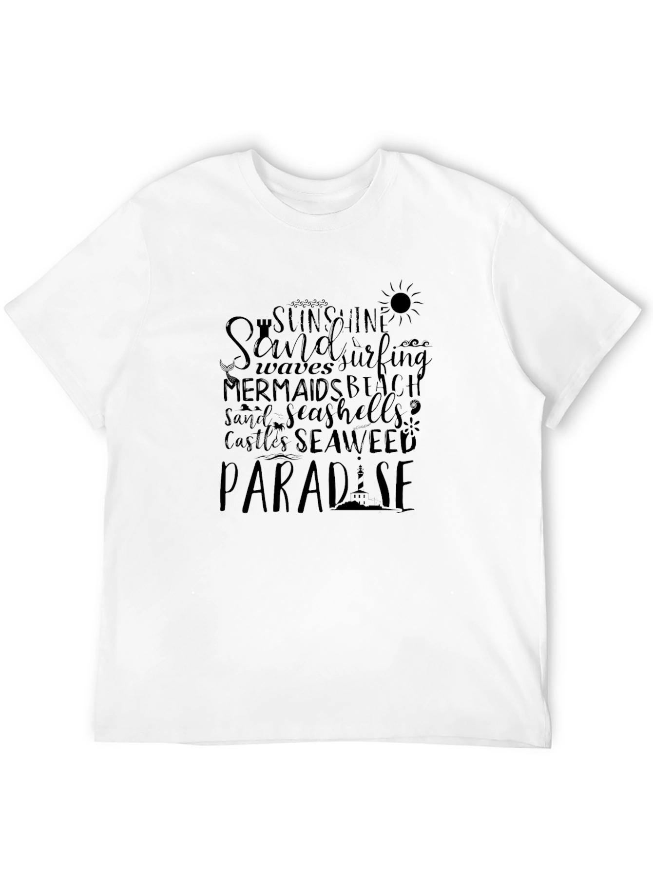 Black Paradise Beach T-Shirt, Sand, Surf, Sun Graphic Tee view 12