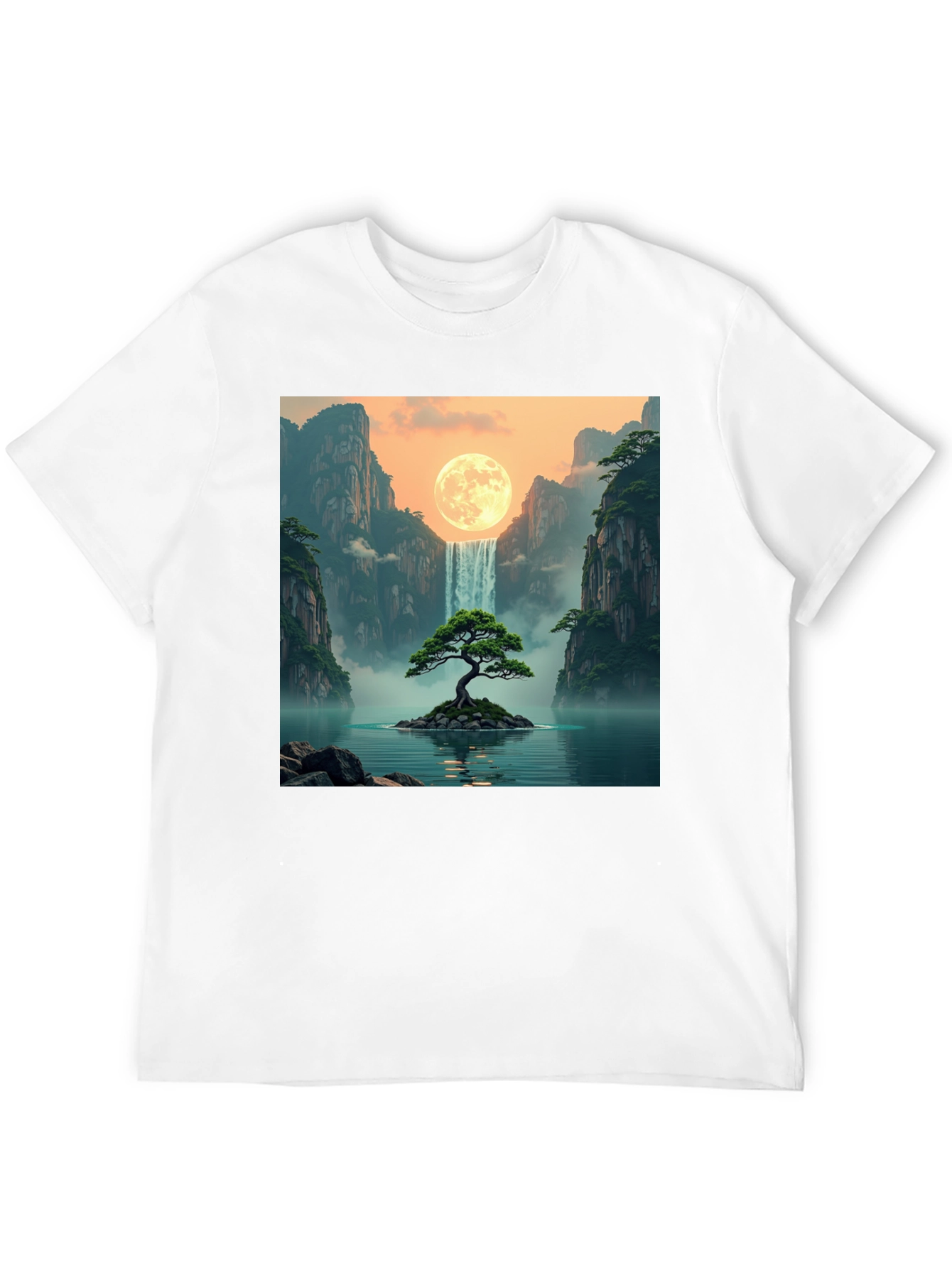 Black Waterfall Moon Bonsai Tree Graphic T-Shirt view 12