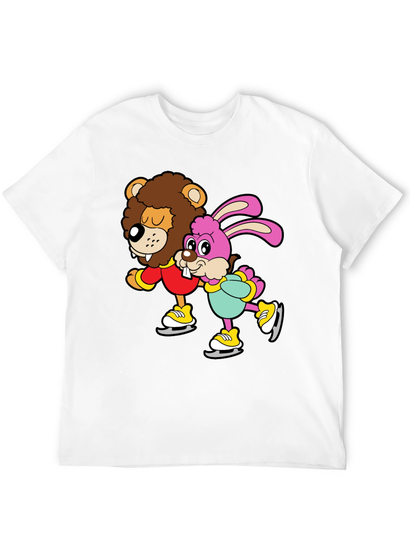 Black Lion & Bunny Ice Skating Cartoon Graphic T-Shirt view 12