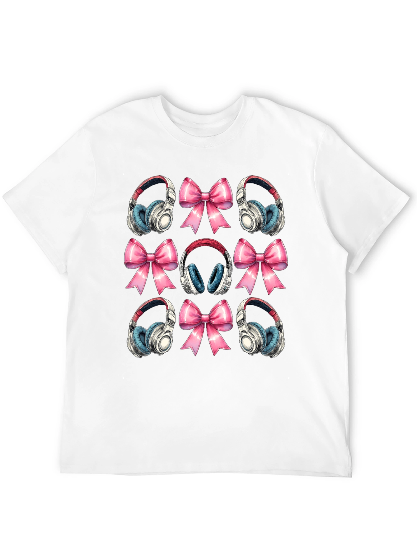 Black Headphones and Bows Pattern T-Shirt view 12