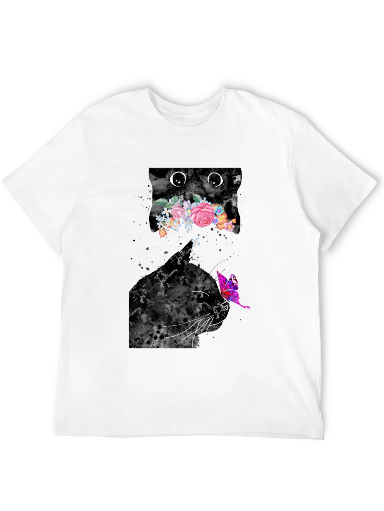 Black Floral Cat Graphic Tee - Trendy Men's Black T-Shirt view 12