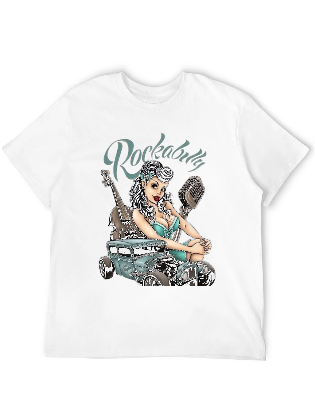 Black Rockabilly Style T-Shirt with Car & Pin-up Girl Design view 12