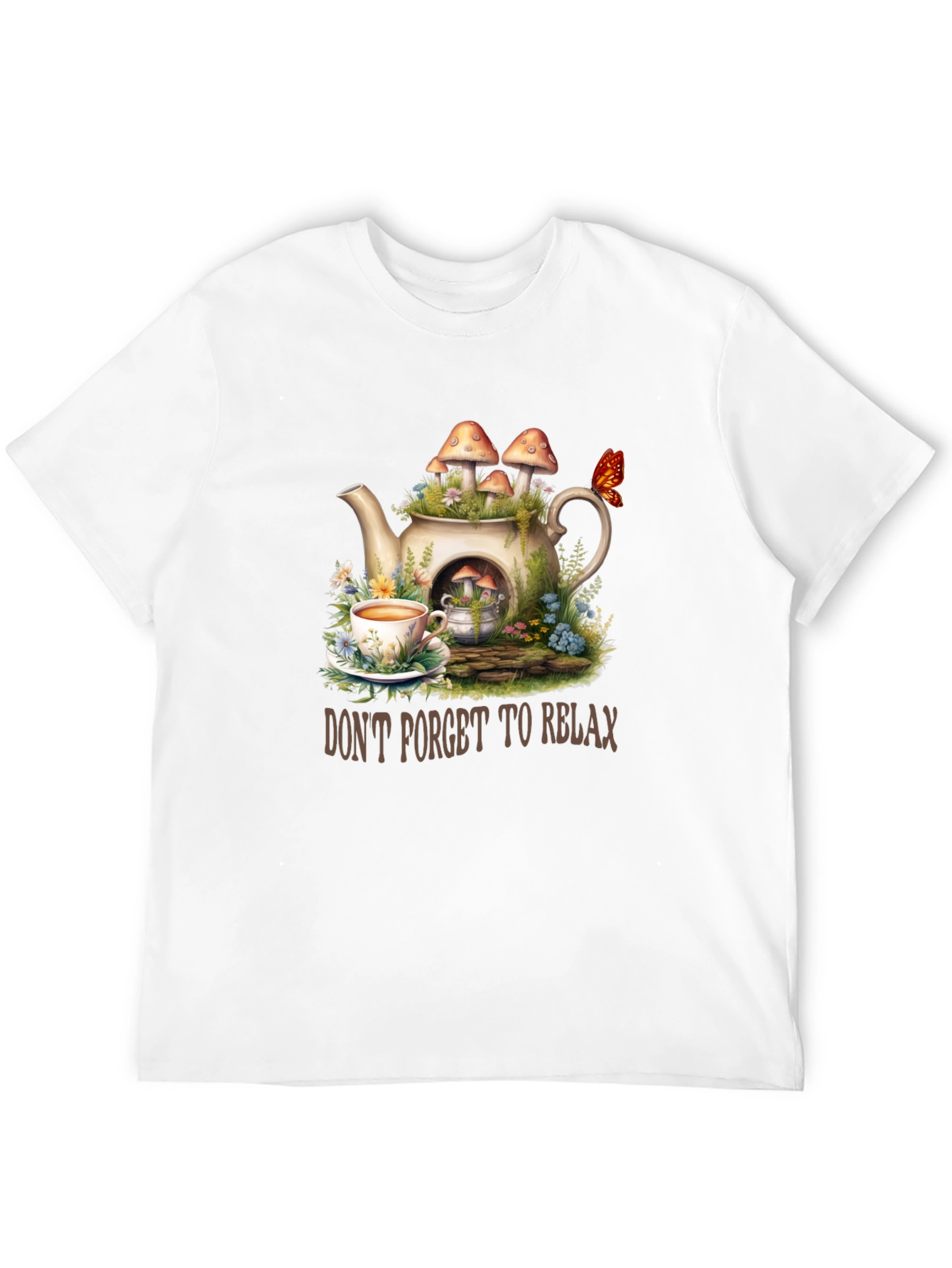 Black Relaxing Tea Party T-Shirt - Mushroom Teapot Design view 12