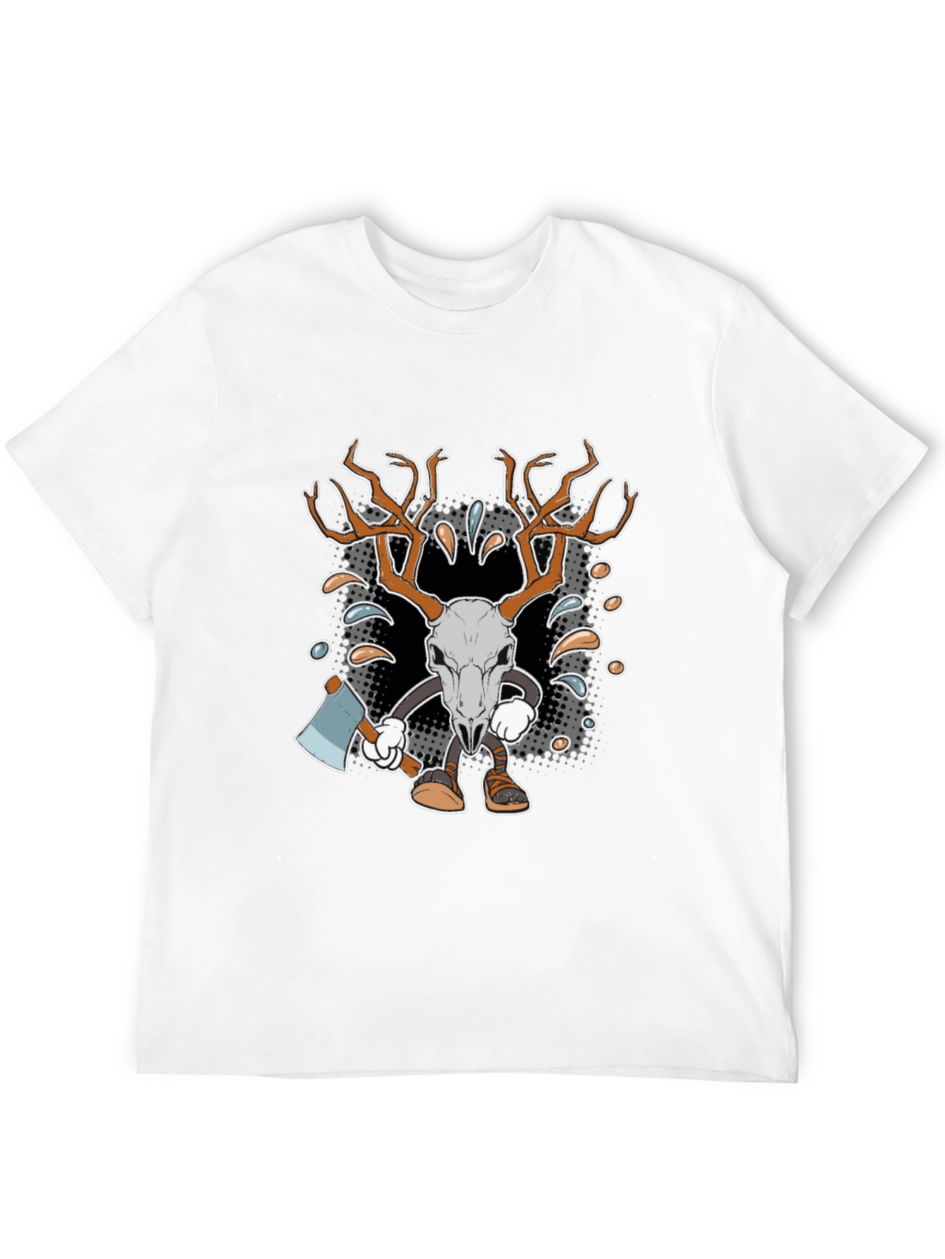Black Cartoon Deer Skull Axe T-Shirt view 12