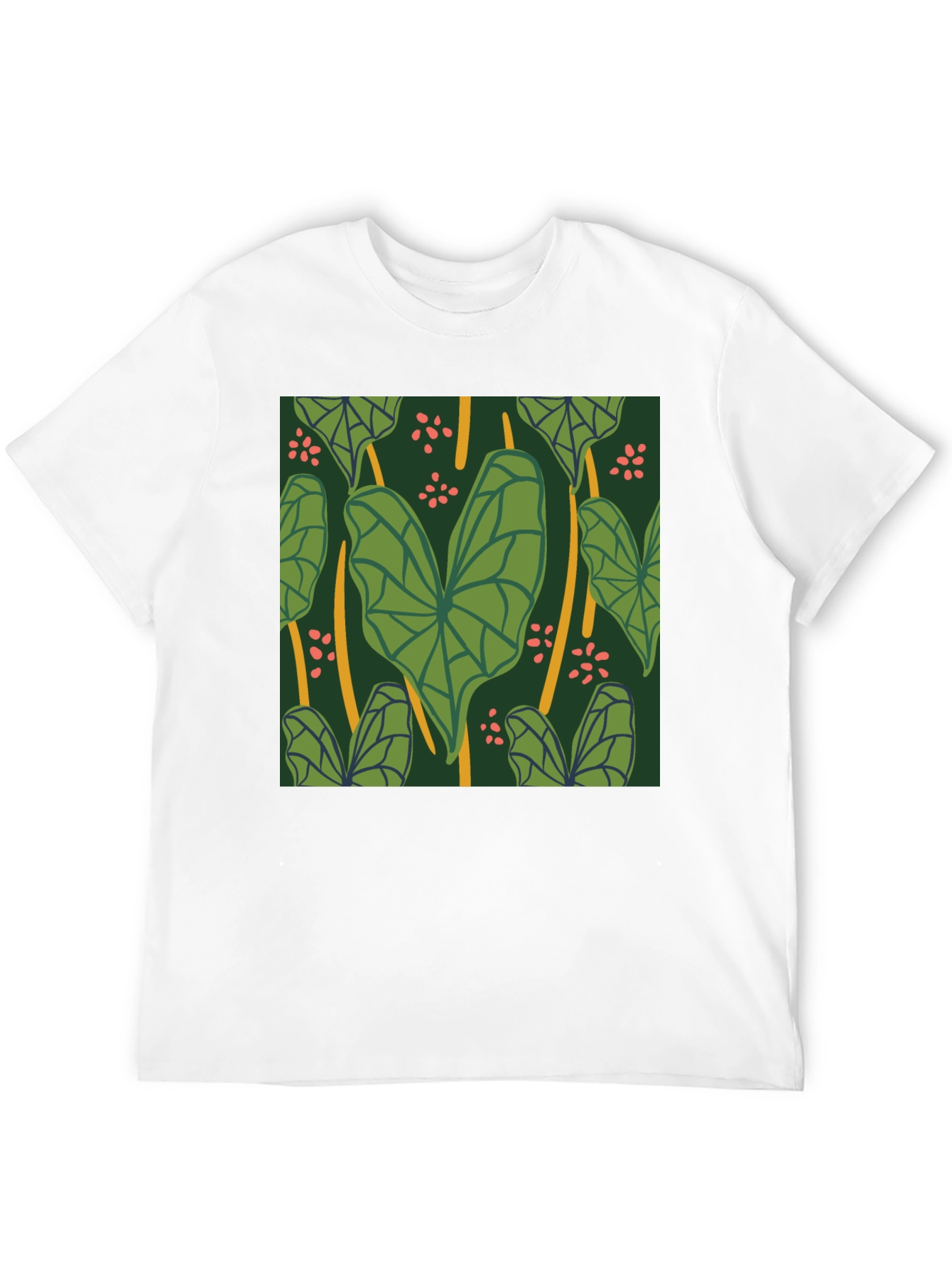 Black Tropical Leaf Pattern Black T-Shirt view 12