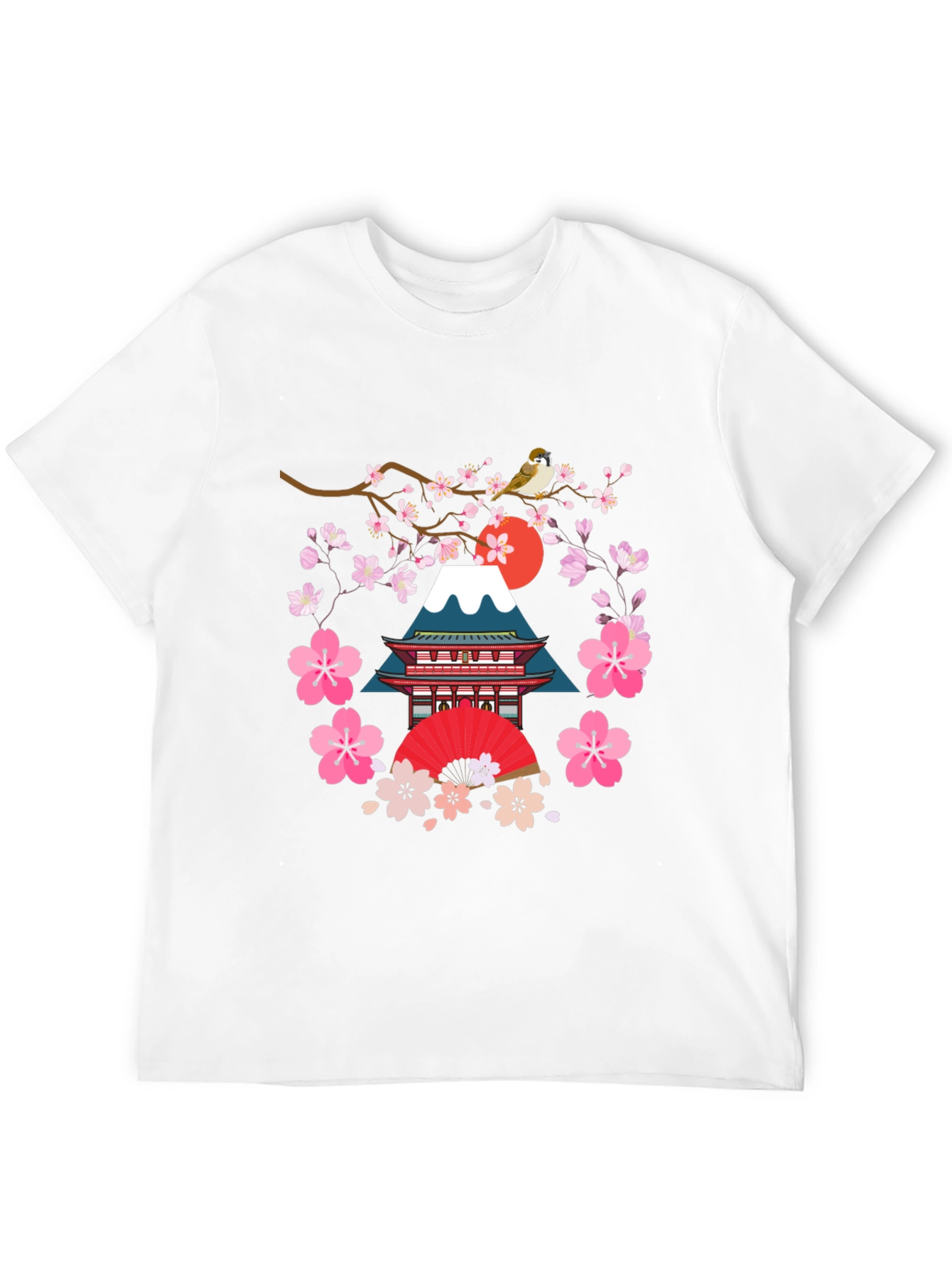 Black Japanese Art T-Shirt - Bird, Blossoms, and Mountain view 12