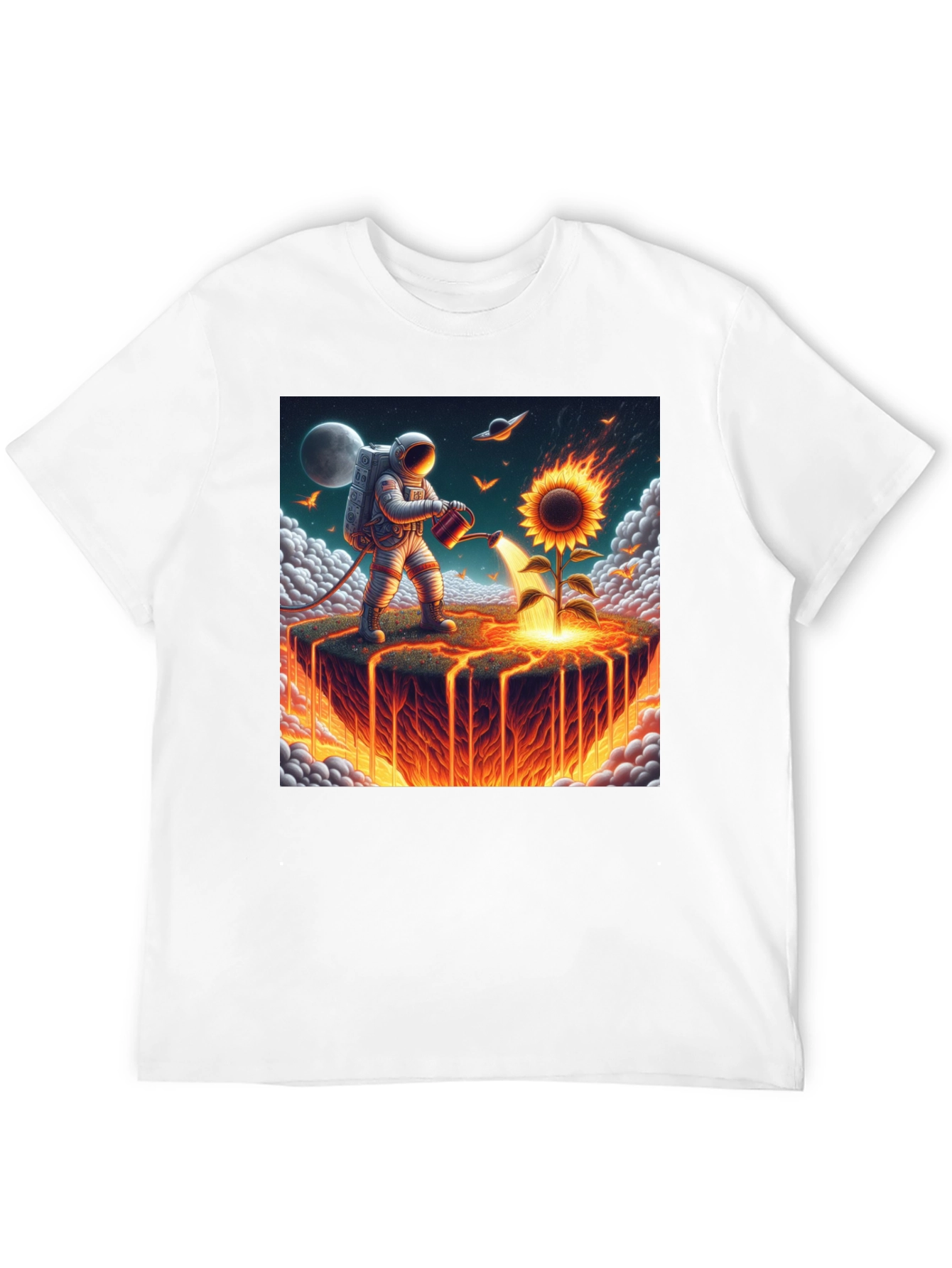 Black Astronaut Watering Fire Sunflower T-Shirt view 12