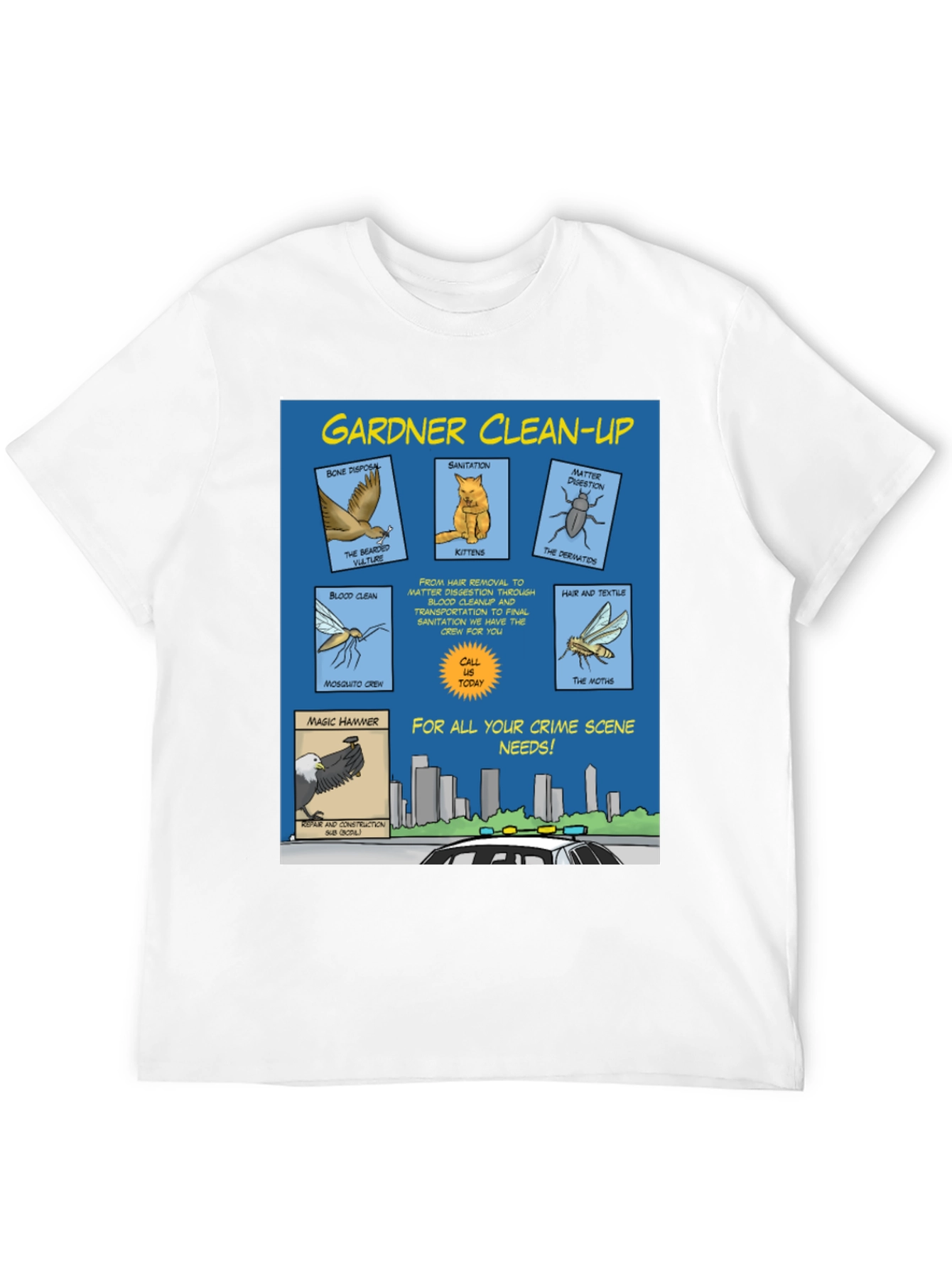 Black Gardner Clean-Up T-Shirt - Crime Scene Cartoon view 12