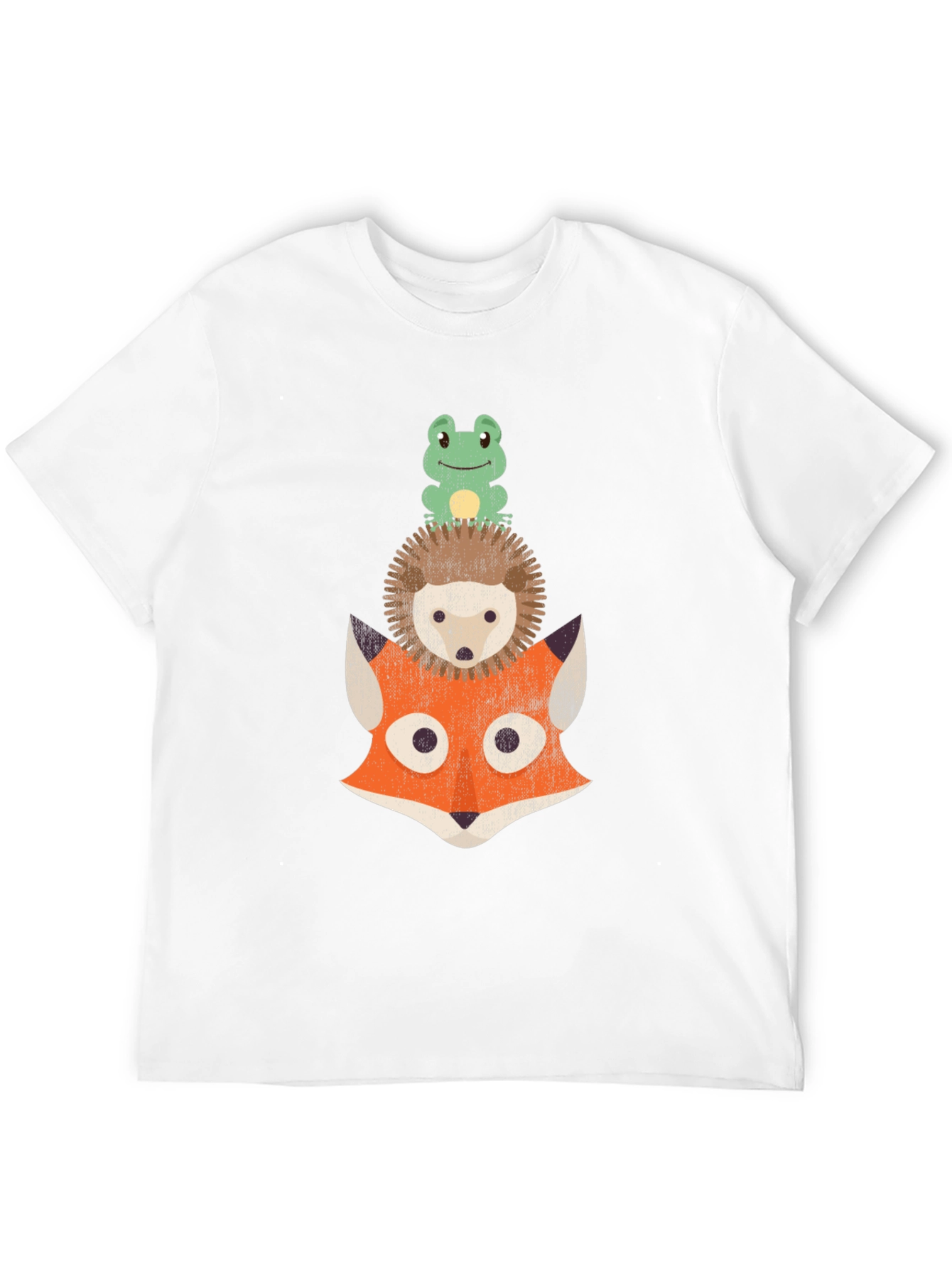 Black Stacked Animal Tee: Frog, Hedgehog, and Fox Design T-Shirt view 12